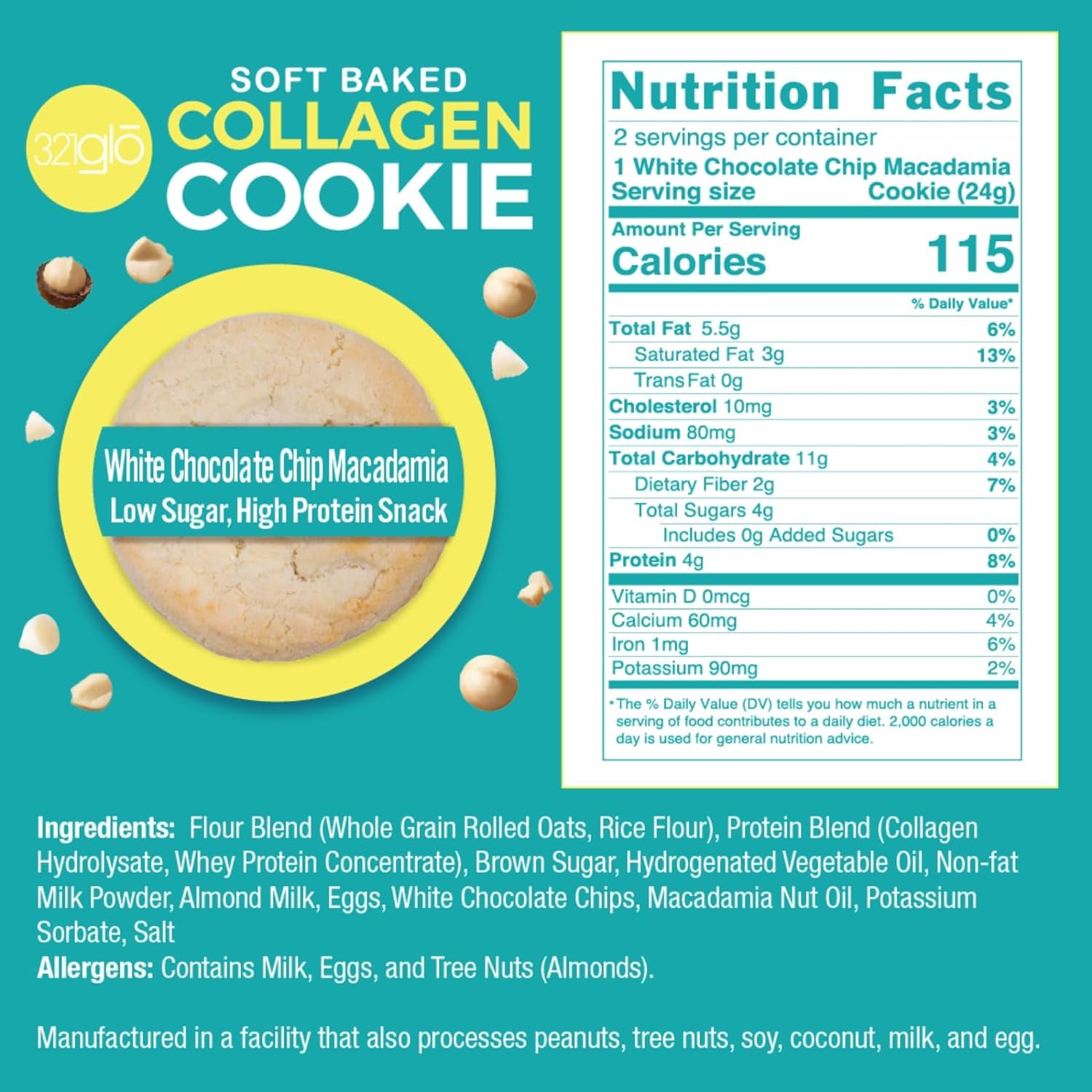 321Glo Collagen Cookies | Soft Baked, High Protein Cookies | Low Carb, Low Sugar | Keto Snack for Women, Men, & Kids | 12 Pack (White Chocolate Macadamia, 12 Pack)