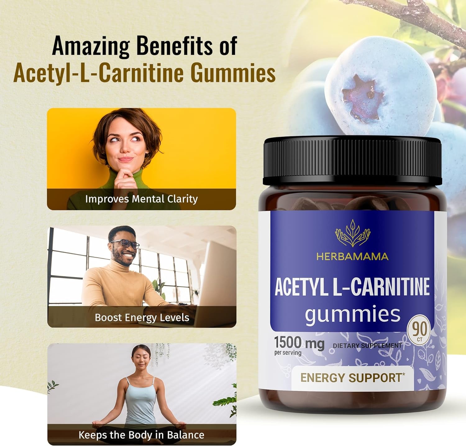 Acetyl L-Carnitine 1500Mg Gummies - Daily Energy Gummies to Support Cognitive Mental Sharpness & Immune System Function - 90 Blueberry Gummies per Bottle