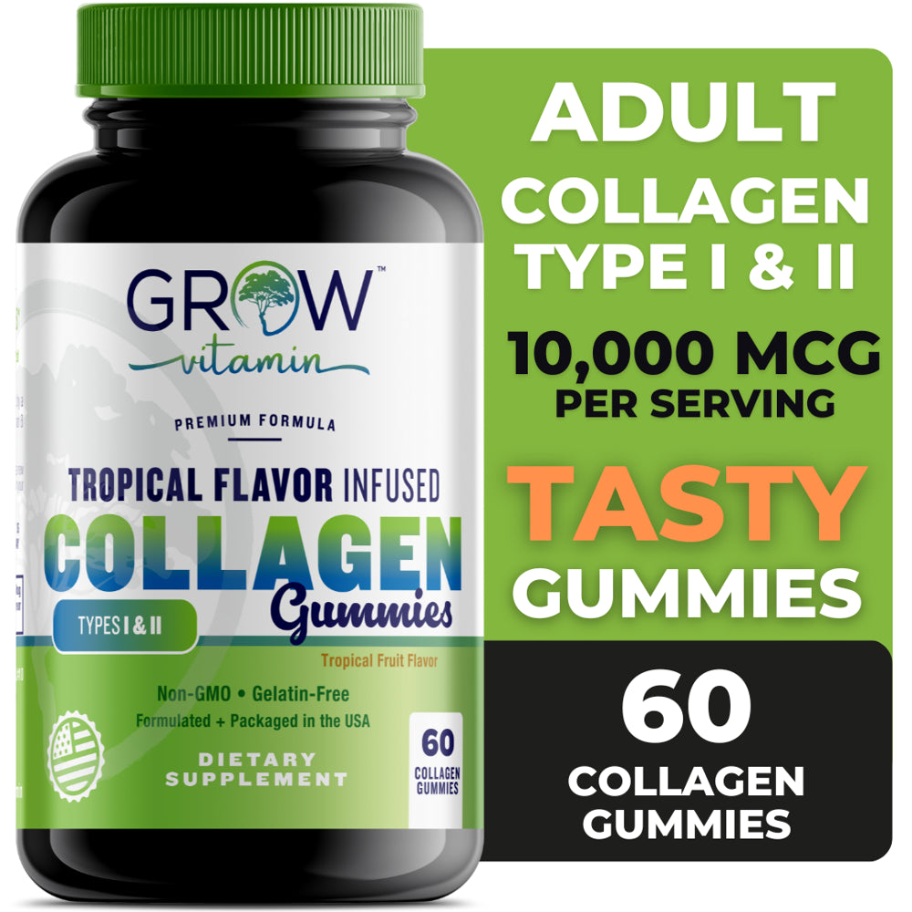 Collagen Gummies for Women, Healthy Hair, Skin, Nails, Bone Loss, Anti-Aging Support, Type 1 and 3, 10,000 Mcg (Highest Potency), Gelatin-Free, Non-Gmo, Made in USA by Grow Vitamin , 60 Gummies