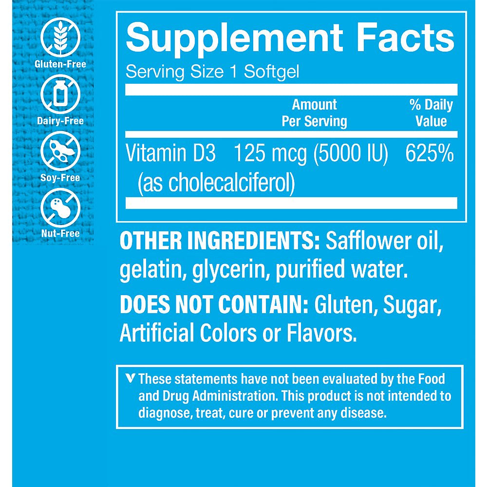 Vitamin D3 5000IU Softgel, Supports Bone & Immune Health, Aids in Cellular Growth & Calcium Absorption, Gluten Free & Once Daily Formula (200 Softgels) by the Vitamin Shoppe