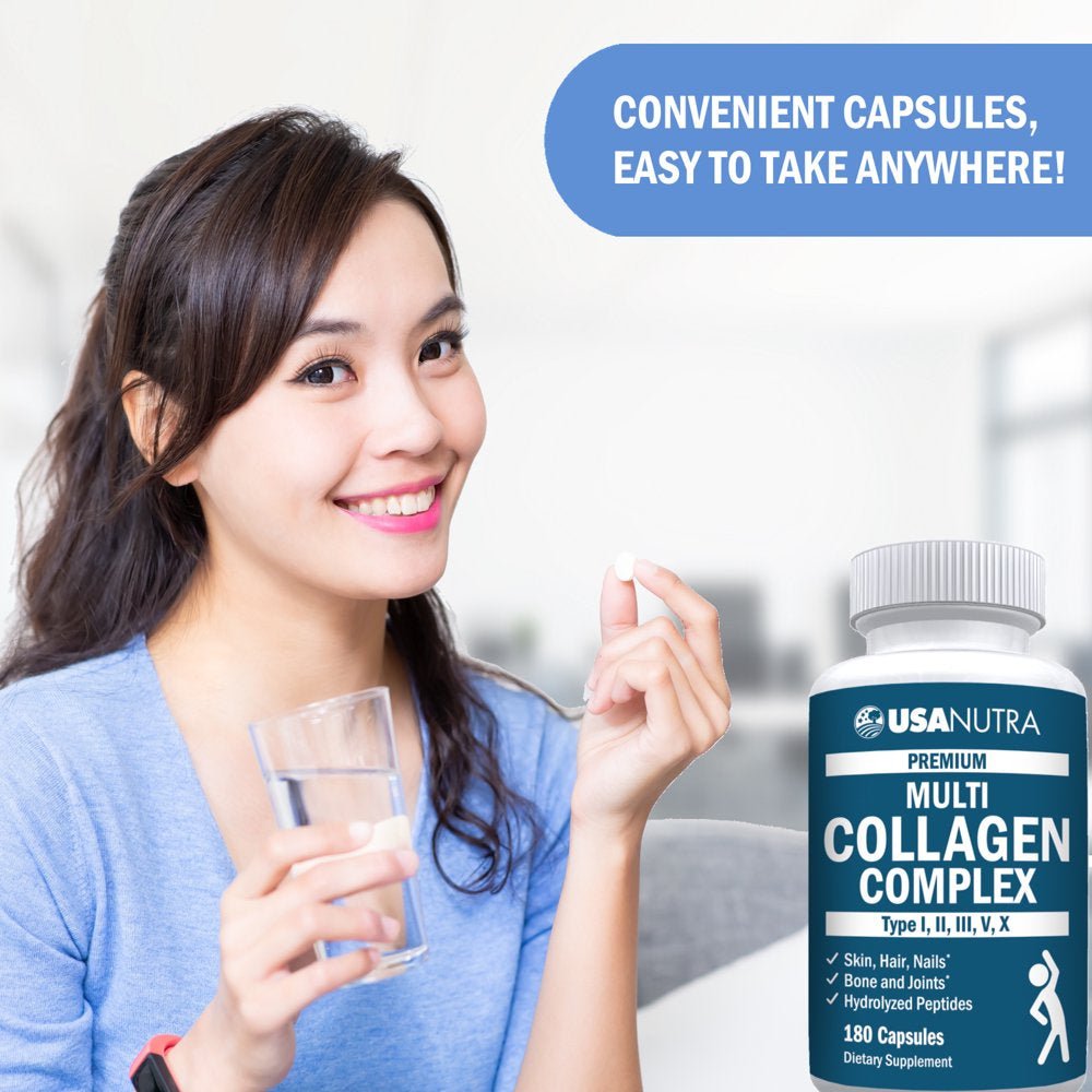 Multi Collagen Capsules 180 Ct for Skin Hair Nails Joints Made in the USA