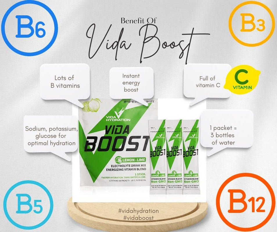 Vida Boost Vita Hydration Powder - Lemon Lime - Powder Packets | Electrolyte Drink Mix | Endurance | Energy | Recovery | Easy Open Single-Serving | Non-Gmo | 16 Sticks