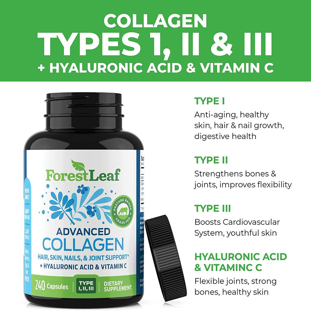 Forest Leaf Collagen Pills Collagen Peptides with Hyaluronic Acid & Vitamin C, 240-Count