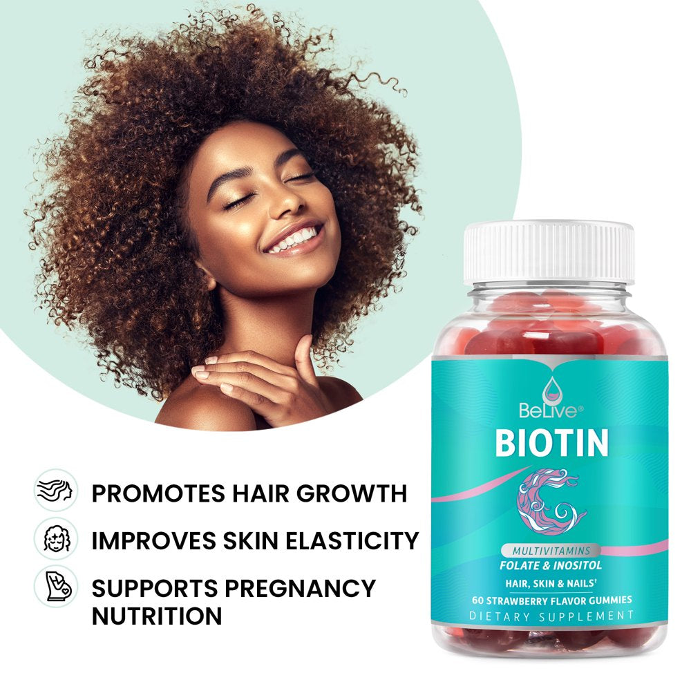 Belive Biotin Gummies with Multivitamins, Folate, Inositol – Supports Hair Growth, Healthy Skin & Nails – Vegan – Strawberry Flavor (60 Count)