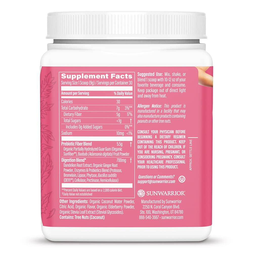 Sunwarrior Plant-Based Prebiotic Fiber Blend Powder | Probiotic Enzymes Sunfiber Soy Free Sugar Free Gluten Free Dairy Free | Strawberry Cooler 30 Servings | Shape Core Cleanser