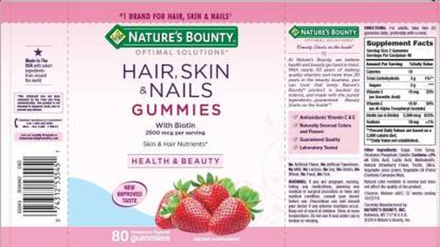 Nature'S Bounty Optimal Solutions Hair, Skin and Nails Gummies with Biotin, Strawberry Flavored 80 Ea