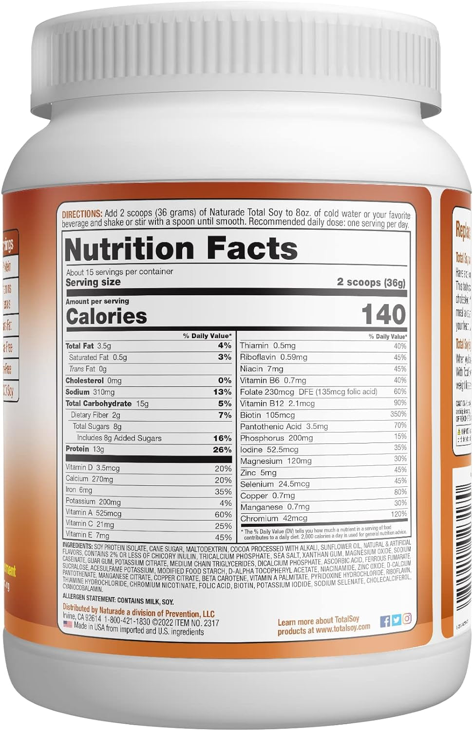 Naturade Total Soy Protein Powder - 13G Protein & 140 Calories per Servings - Zero Trans Fat - Non-Gmo Soy - Lactose & Gluten Free - Chocolate (30 Servings)