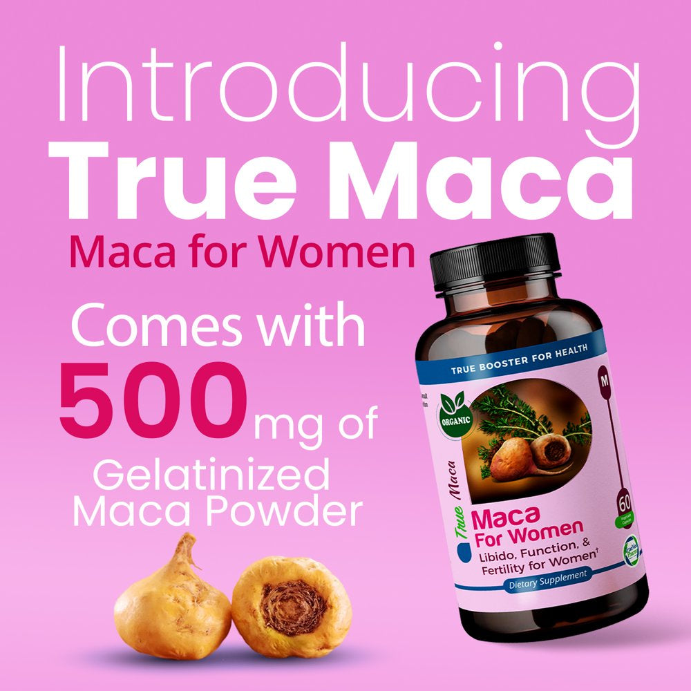 Truemed Maca for Women Libido, Function and Fertility for Female Organic Gelatinized Maca Powder Mood Support, Reproductive Health and Energy 500 Mg 60 Capsules