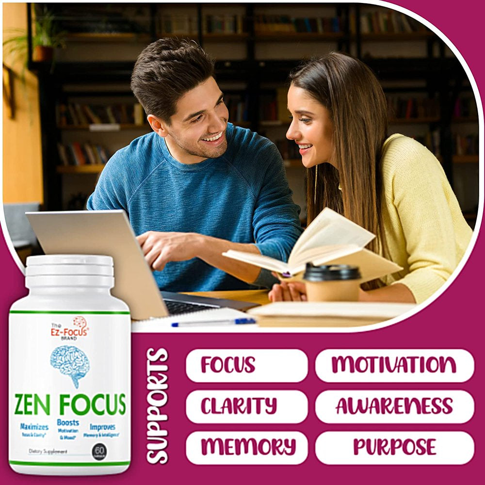 Zen Focus Brain Focus Supplement for Daily Complete Multivitamins for Men & Women, Brain Booster Supplements for Memory Focus & Clarity Nootropic Brain Function Booster 60 Pills