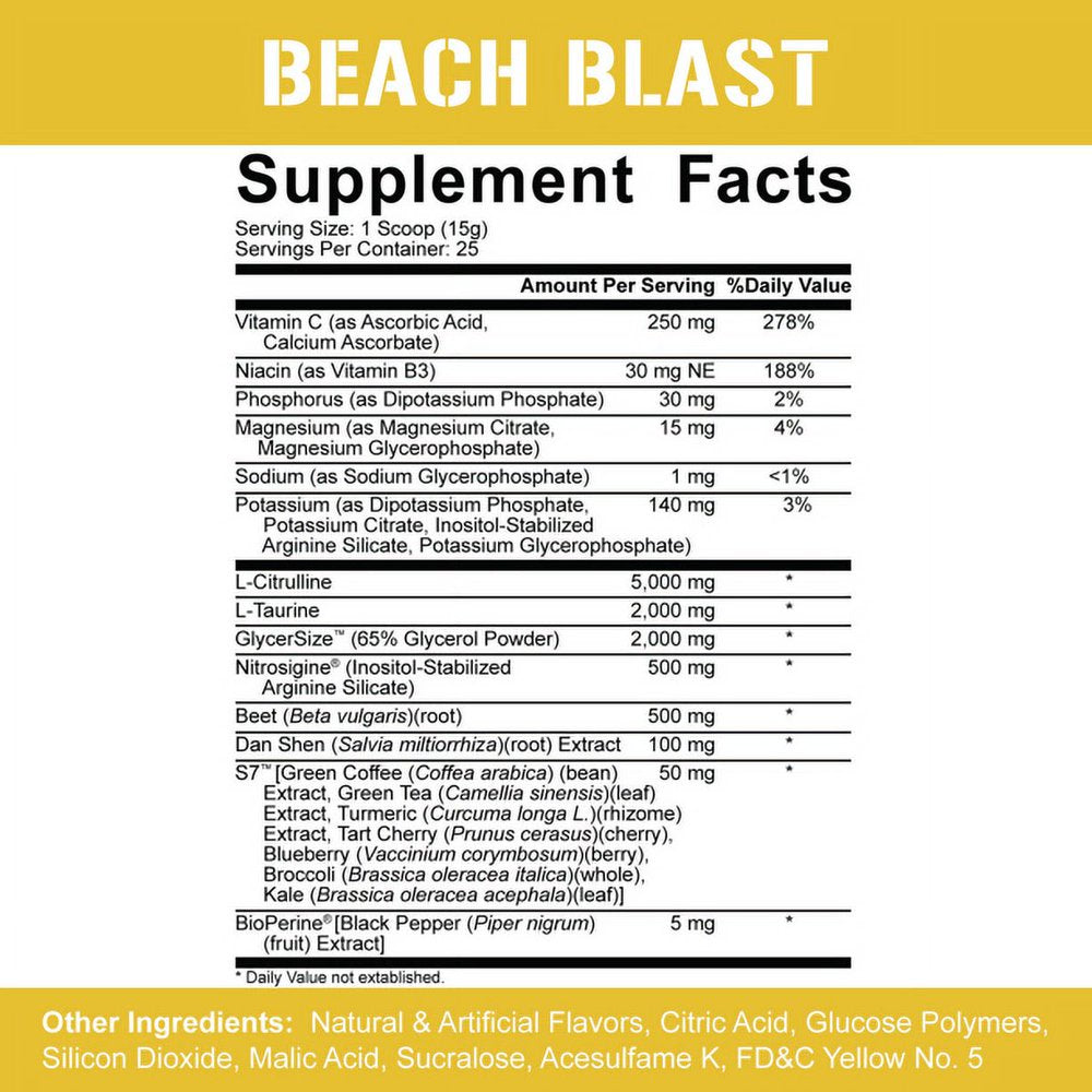 5% Nutrition Rich Piana Fasf Nitric Oxide Booster, Stim Free Pump Pre Workout | Massive Pumps, Strength Gains & Endurance | L-Citrulline, Nitrosigine, Beet Root, Dan Shen, S7 | 13.23 Oz (Beach Blast)