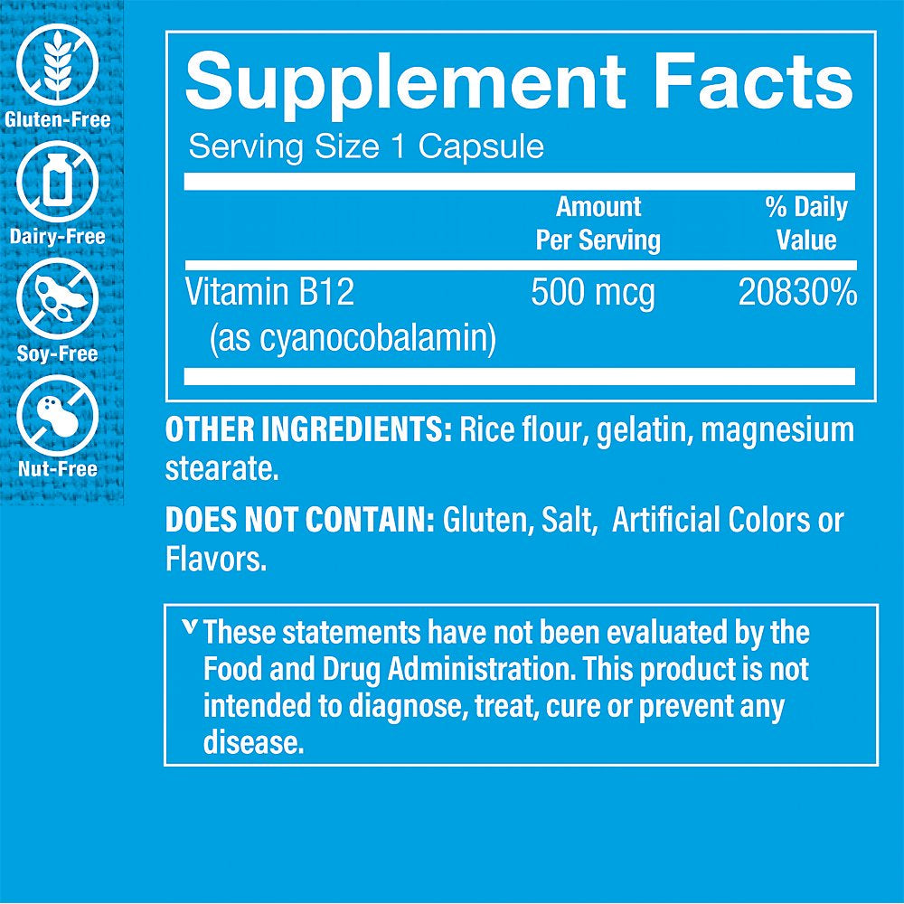 Vitamin B12 500Mcg - Supports Energy Production, Once Daily Dietary Supplement - Vitamin B-12 (As Cyanocobalamin), Gluten & Dairy Free (300 Capsules) by the Vitamin Shoppe