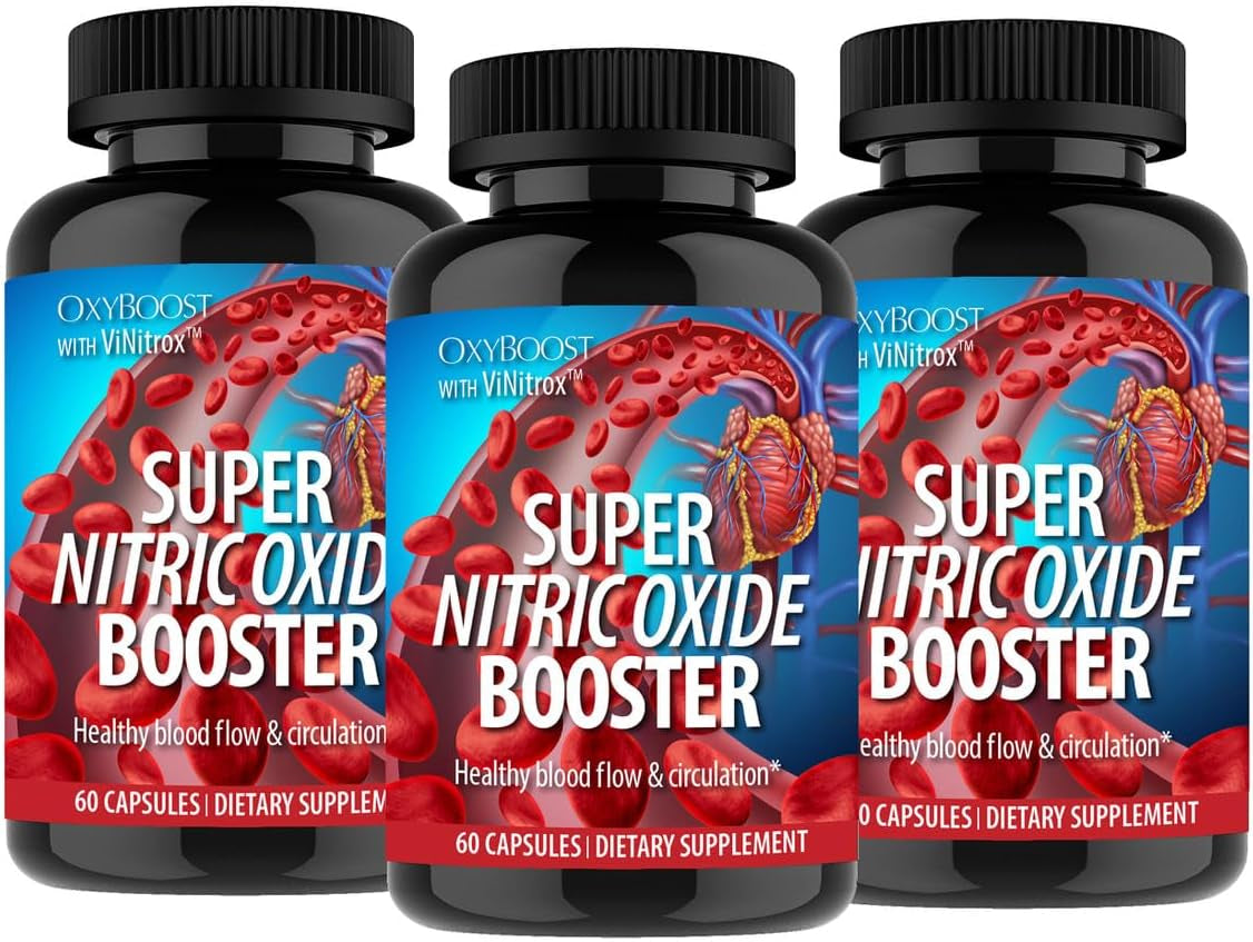 Oxyboost with Vinitrox - Nitric Oxide Supplement for Blood Pressure Support, Heart Health, Energy Boost, Circulation, and More (3 Bottles - 90 Servings)