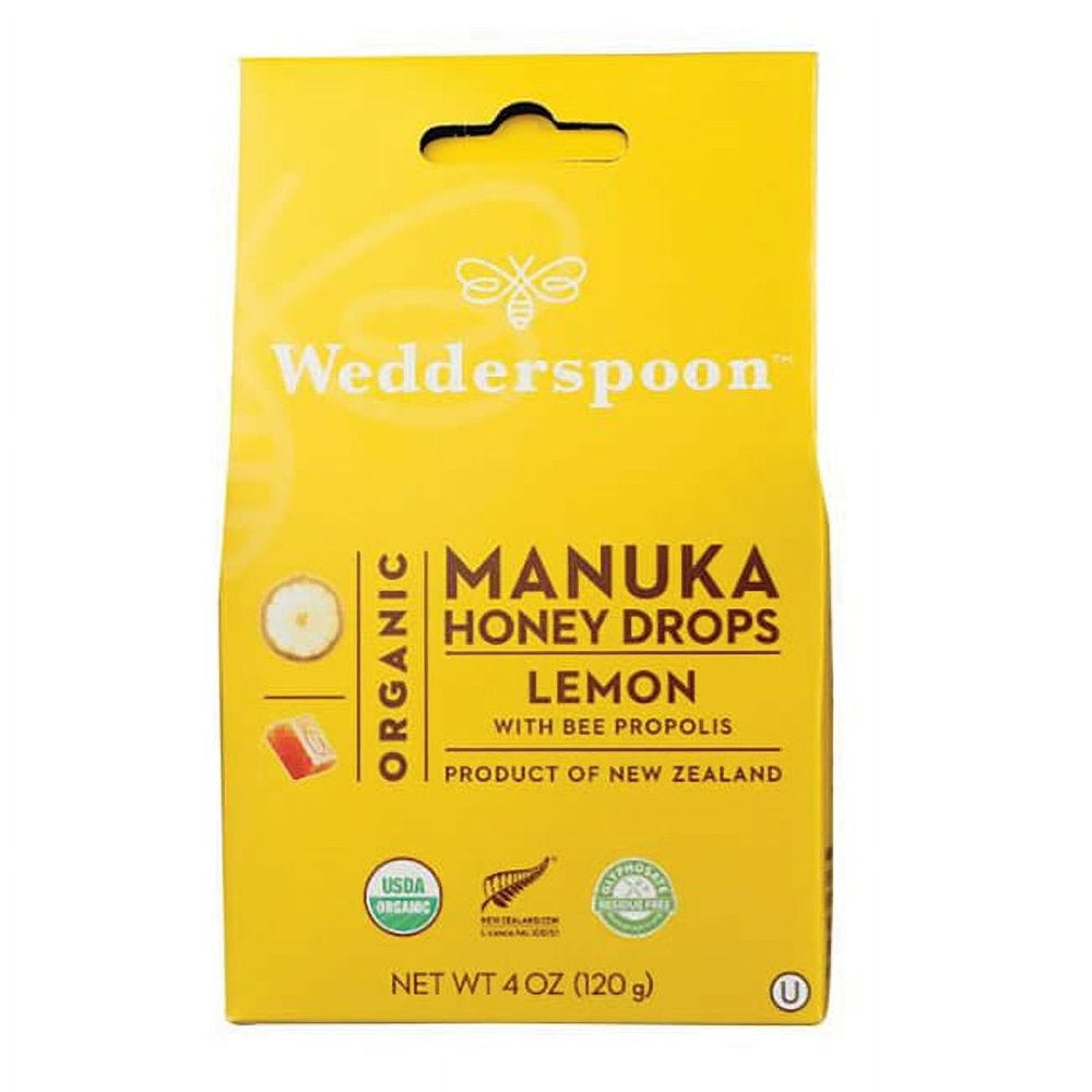 Wedderspoon Organic Manuka Honey Drops, Lemon with Bee Propolis, 20 CT - Soothing Throat Drops with Immunity Support