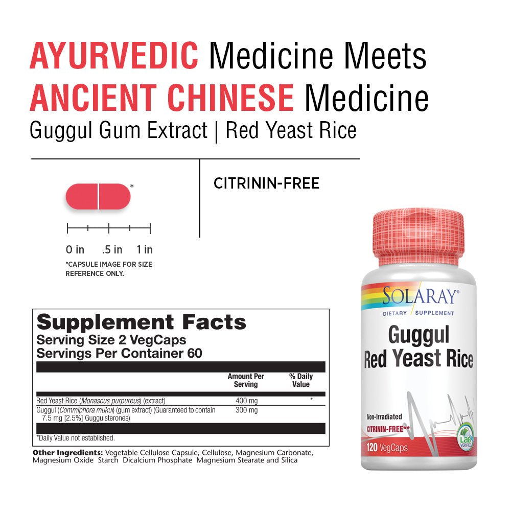 Solaray Guggul Gum Extract & Red Yeast Rice | Healthy Cardiovascular Function Support | Ancient Chinese Medicine & Ayurvedic Medicine Combo | 120Ct