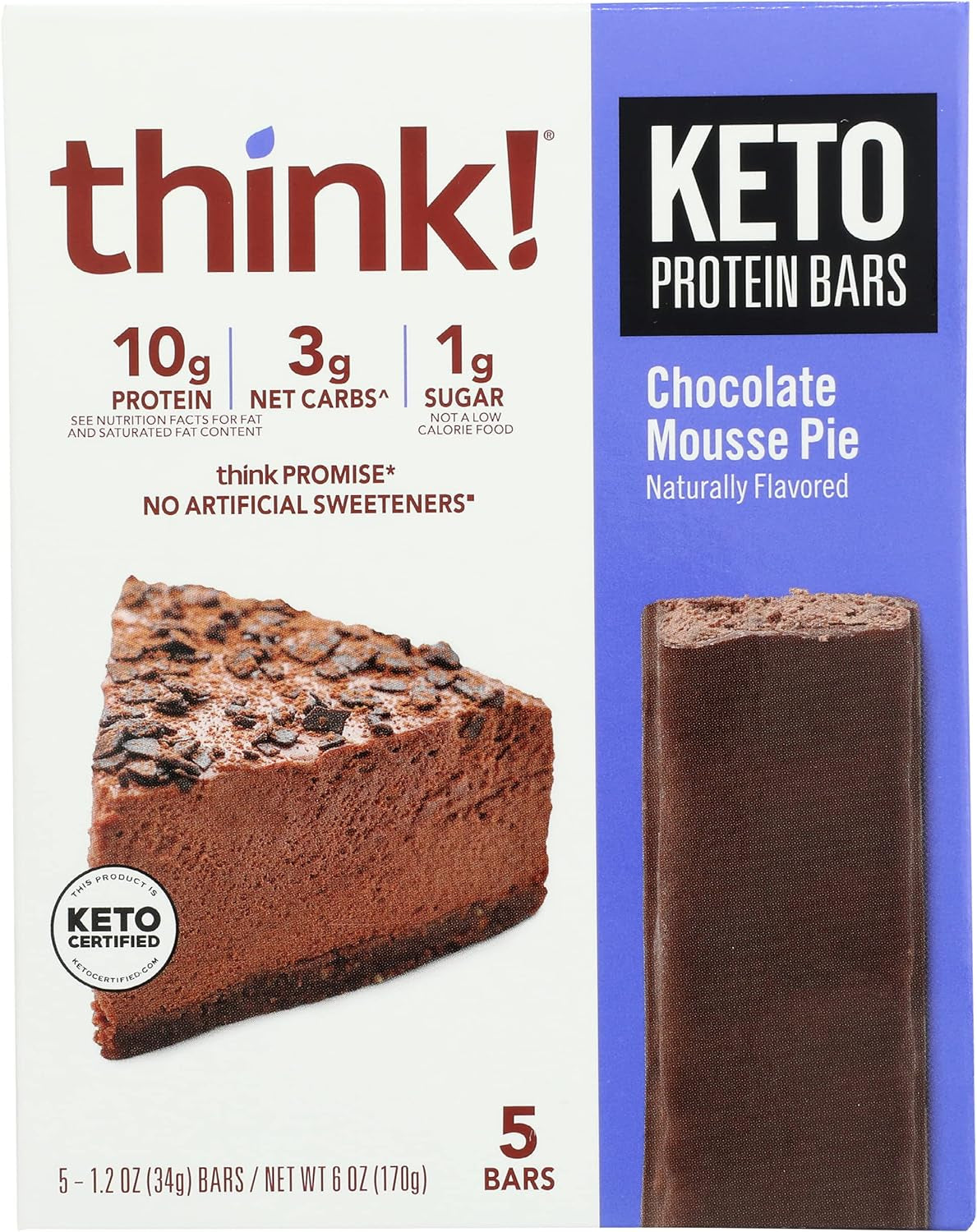 Think! Protein Bars, High Protein Snacks, Gluten Free, Sugar Free Energy Bar with Whey Protein Isolate, Chocolate Mousse Pie, Nutrition Bars without Artificial Sweeteners, 5Pc, 6 Oz (Pack of 6)