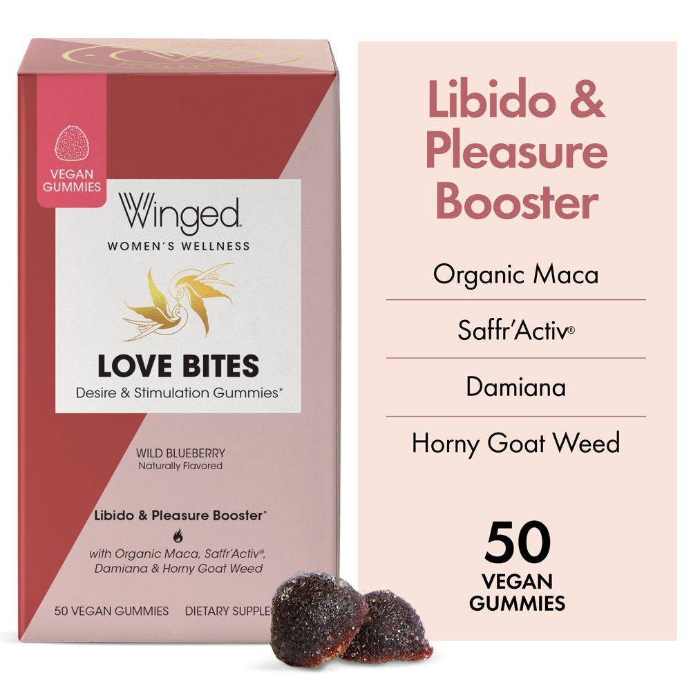 Winged Wellness Love Bites Libido and Pleasure Boosting Vegan Gummies, Women'S Supplement, 25 Servings, 50Ct