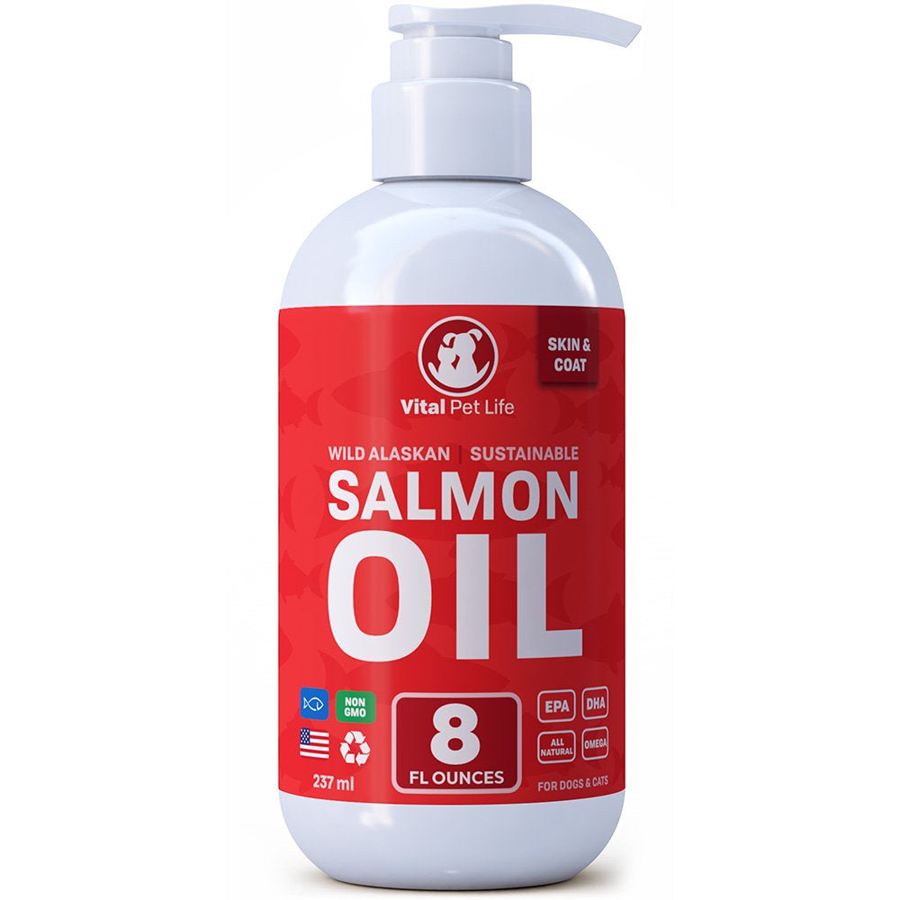 Vital Pet Life Salmon Oil for Dogs and Cats, Wild Alaskan Supports Healthy Skin Coat and Joints, Natural Allergy and Inflammation Defense, 8 Oz.