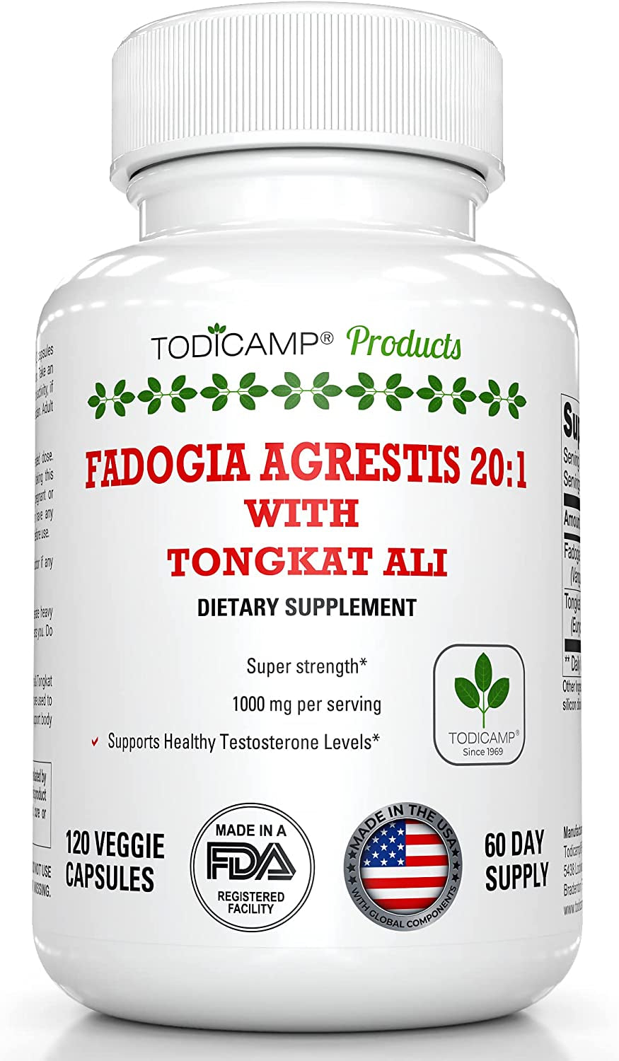 TODICAMP Fadogia Agrestis 20:1 with Tongkat Ali 1000Mg Complex Longjack Tongkat Ali Extract with Fadogia Agrestis 600Mg Supplement - 60 Days Supply