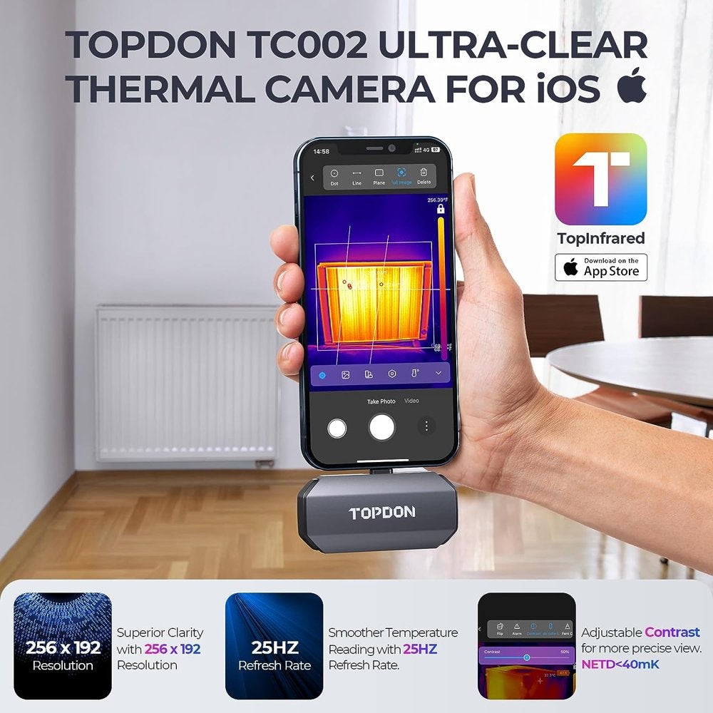 Thermal Camera for Ios (Iphone & Ipad), TOPDON TC002 256 X 192 IR High Resolution Thermal Imaging Camera, -4F~1022F Temperature Range, 40Mk Thermal Sensitivity