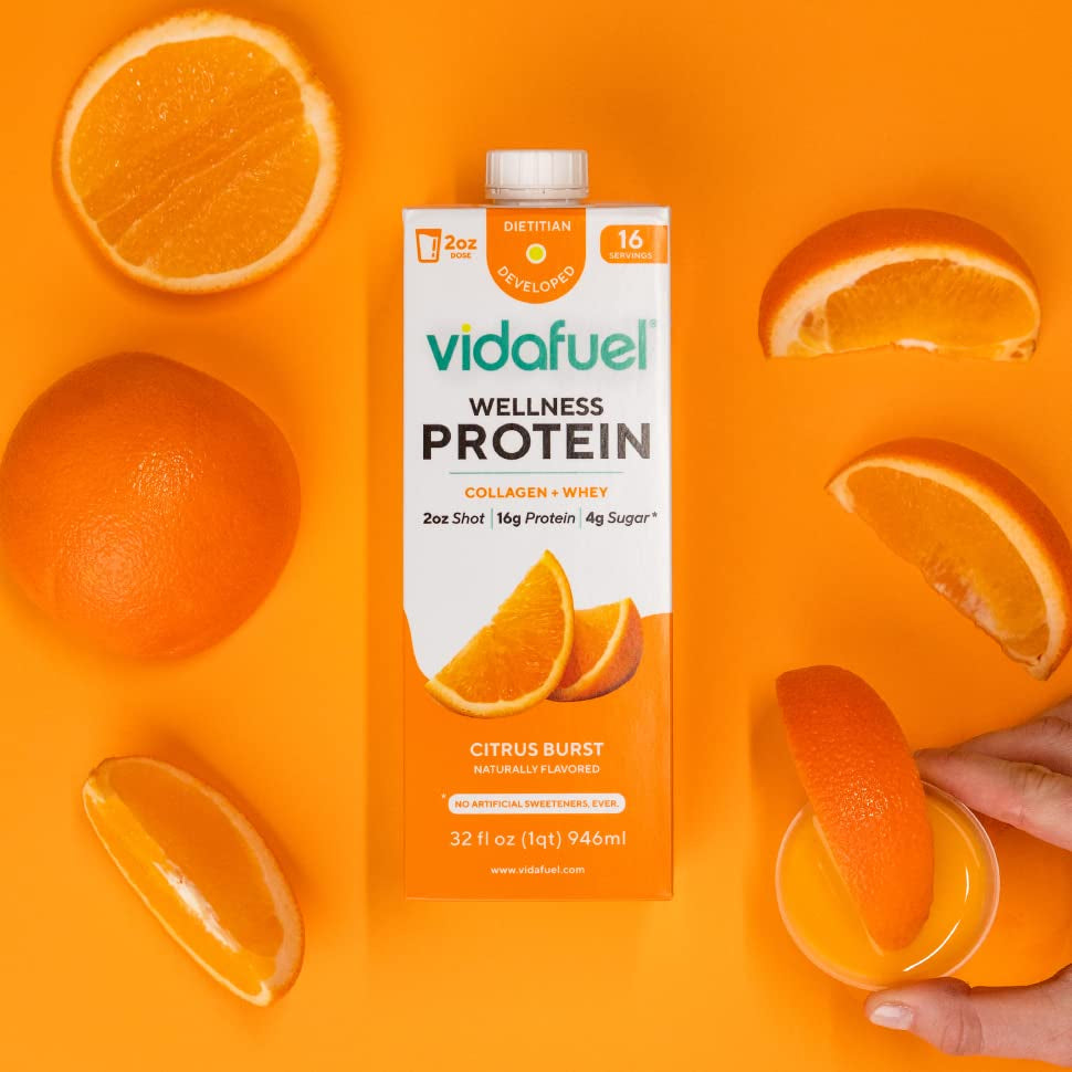 Vidafuel Protein Drink, 16G Protein per 2Oz Shot, 32 Fl Oz Carton, Citrus, Collagen and Whey Drink, No Artificial Sweeteners