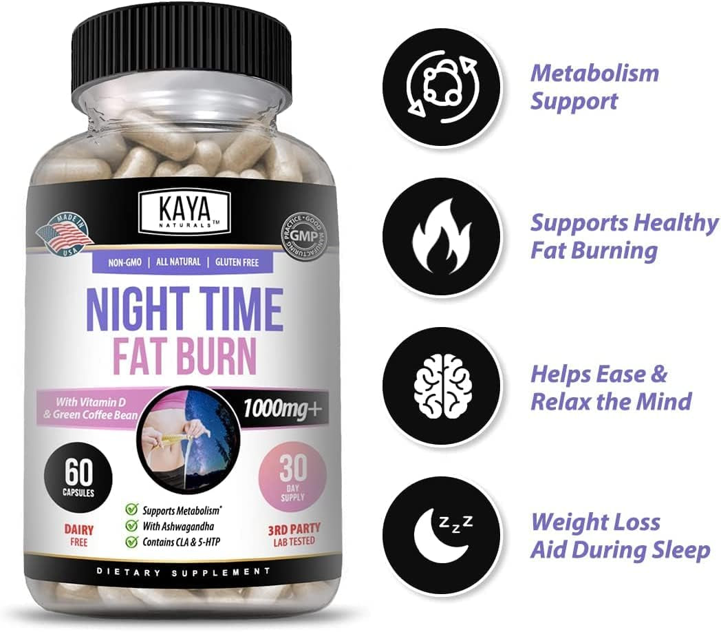 Kaya Naturals Night Time FB | Sleep Support and Metabolism Booster for Women and Men to Reduce Belly Fat | Contains L-Theanine, 5-HTP, and Ashwagandha Root - Stimulant-Free (60 Capsules)