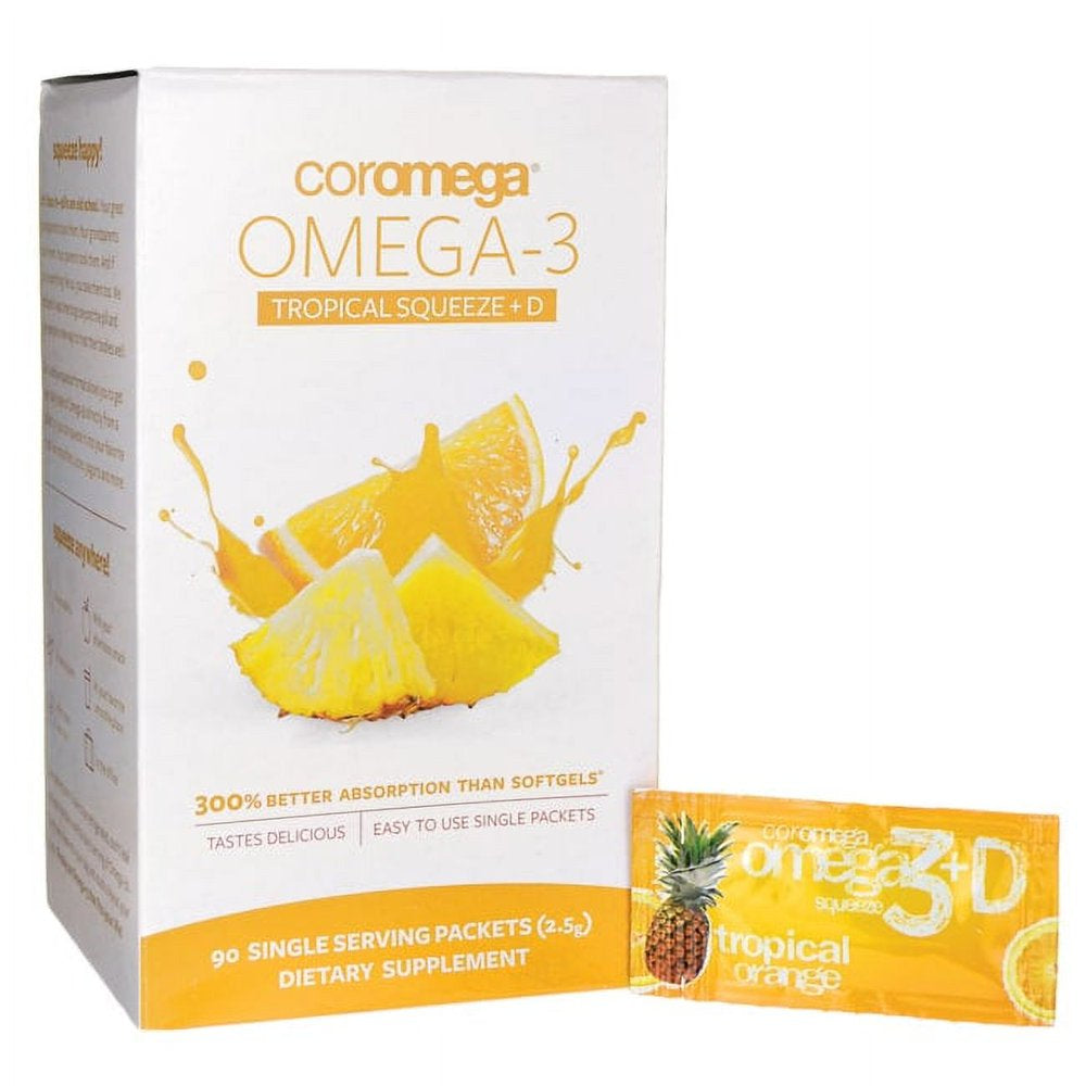 Coromega Omega 3+D Dietary Supplement Squeeze Packets, Tropical Orange Flavor, 90 Ct