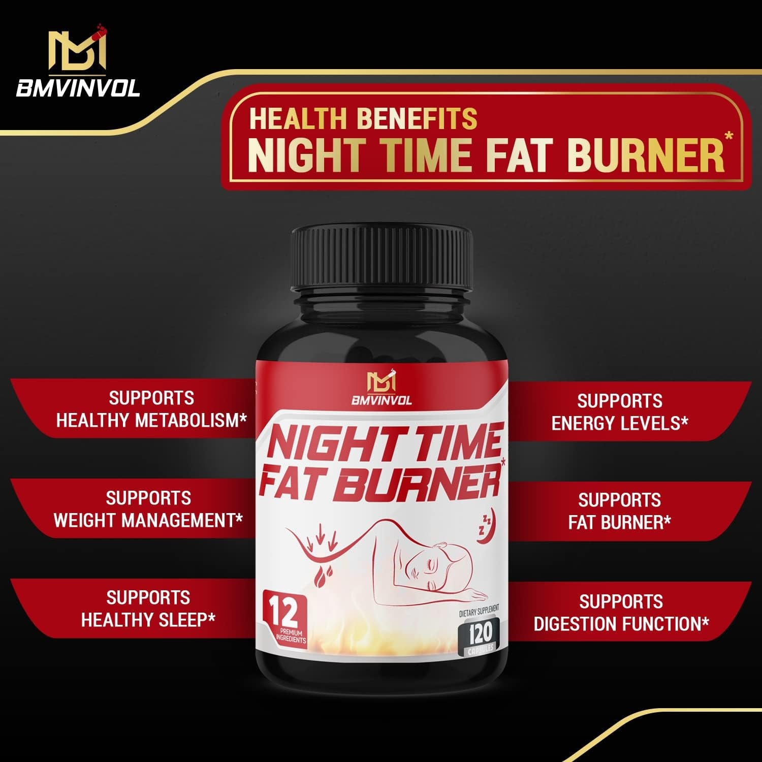 BMVINVOL Night Time Fat Burner 120Capsules, 12-In-1 Powerful Blend of Green Tea, Ceylon Cinnamon, Green Coffee Bean, Garcinia Cambogia, White Kidney Bean, Lemon Balm, Passion Flower