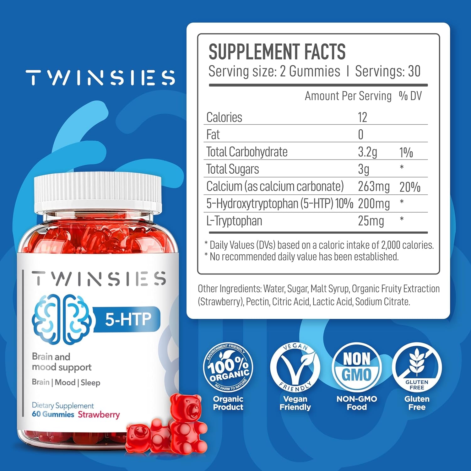 5-HTP Gummies 200Mg with L-Tryptophan Supplement for Brain, Mood Stabilizer and Sleep Support, 60 Strawberry Gummies (Strawberry)