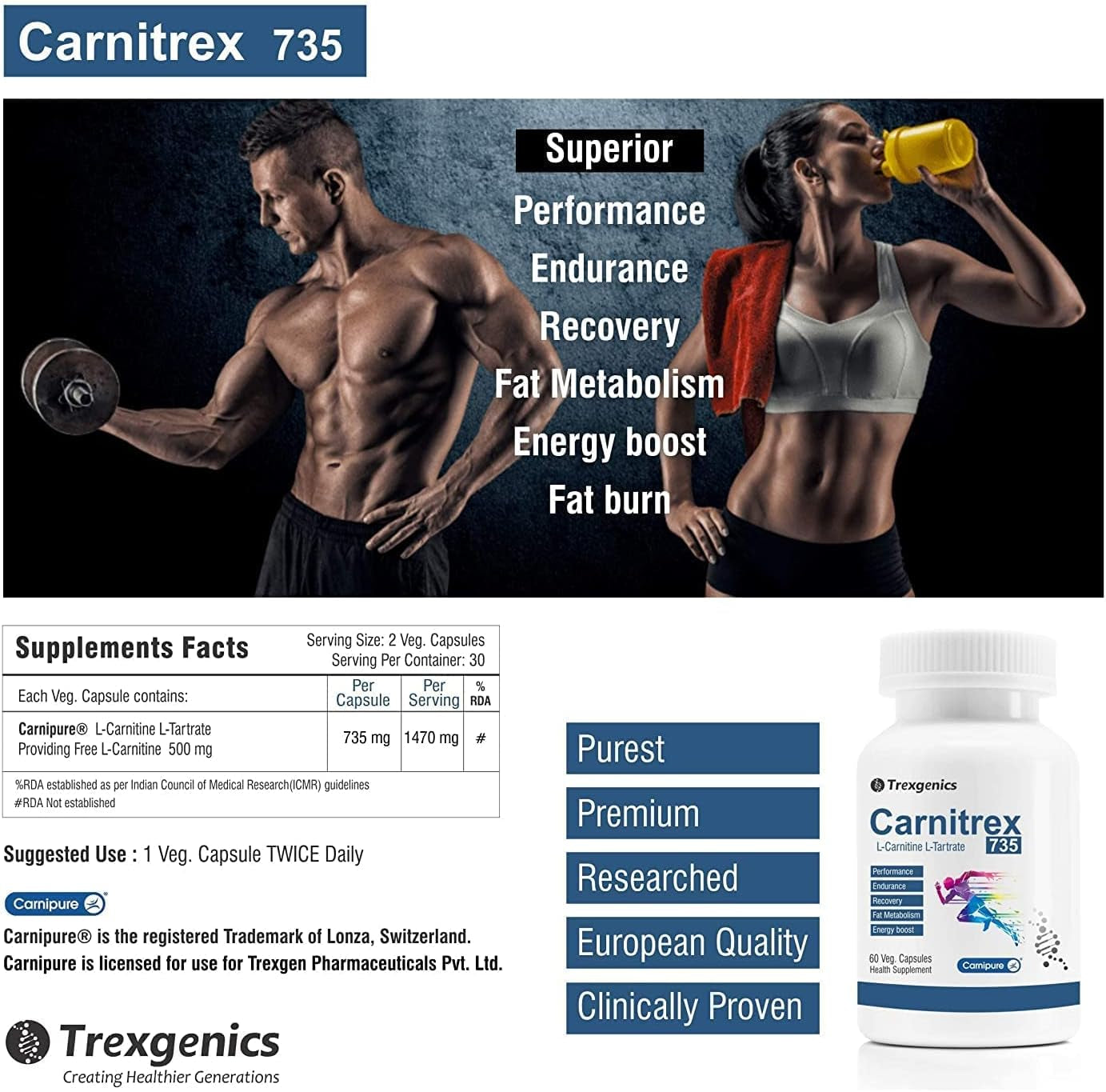 BETT Trexgenics® CARNITREX 735 - CARNIPURE (Lonza, Switzerland) L-Carnitine L-Tartrate 735Mg, Fat Metabolism, Energy, Endurance & Performance Boost Advanced Formula (60 Veg. Capsules)