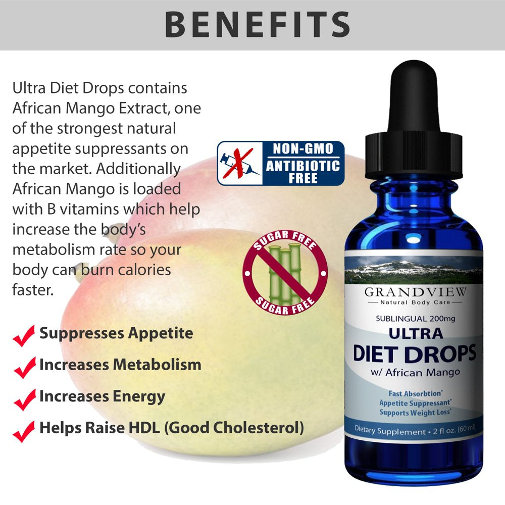 Ultra Diet Drops W/ African Mango - 2 Fl. Oz. - Suppresses Appetite Weight Loss Increases Leptin Levels Supports Heart Health Ultra Diet Drops W/ African Mango Weightloss