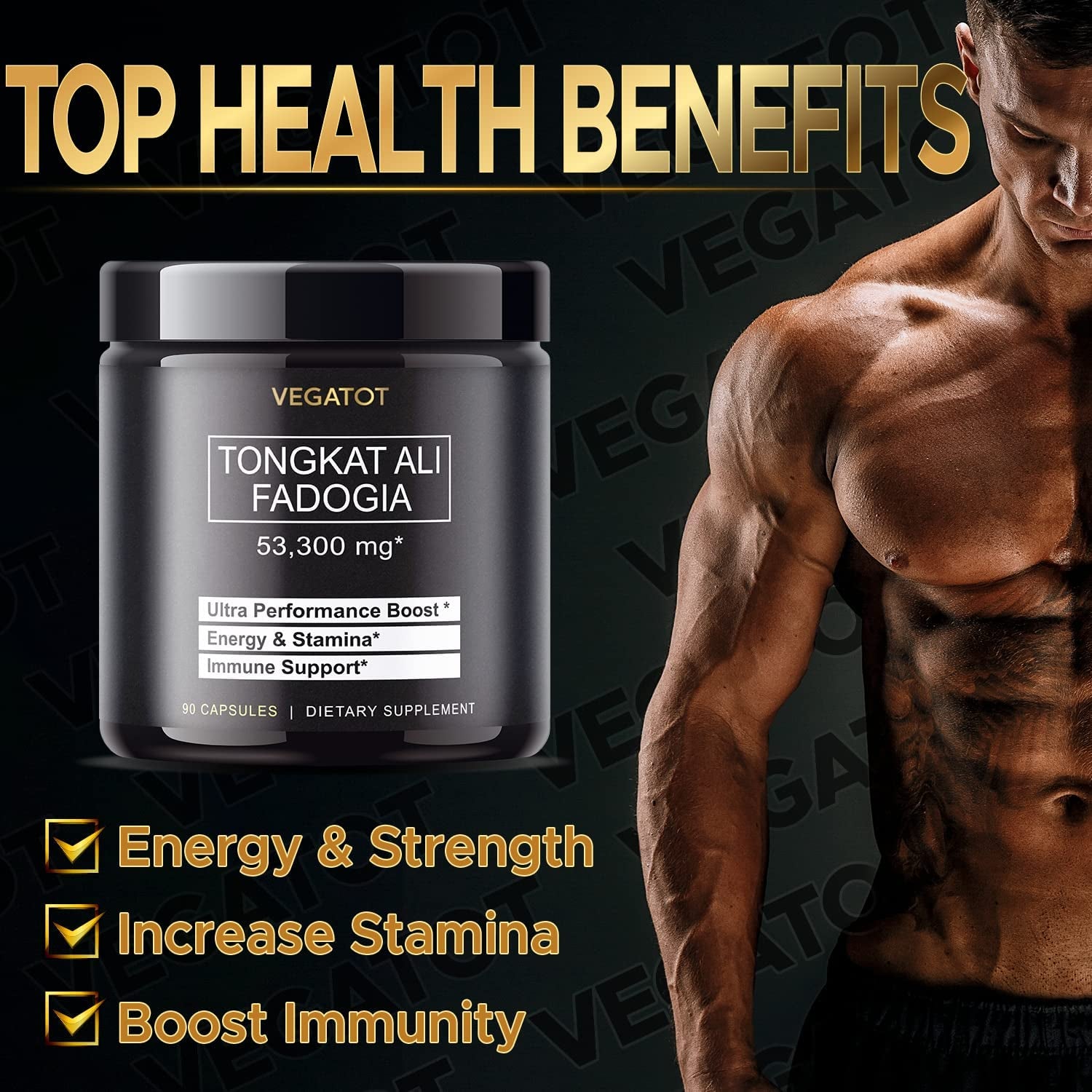 VEGATOT Fadogia Agrestis Tongkat Ali 53,300MG Ultra Extract Herbal Supplement **USA Made and Tested** Potency Boosted with Creatine, L-Citrulline, L-Arginine - Promote Energy & Performance