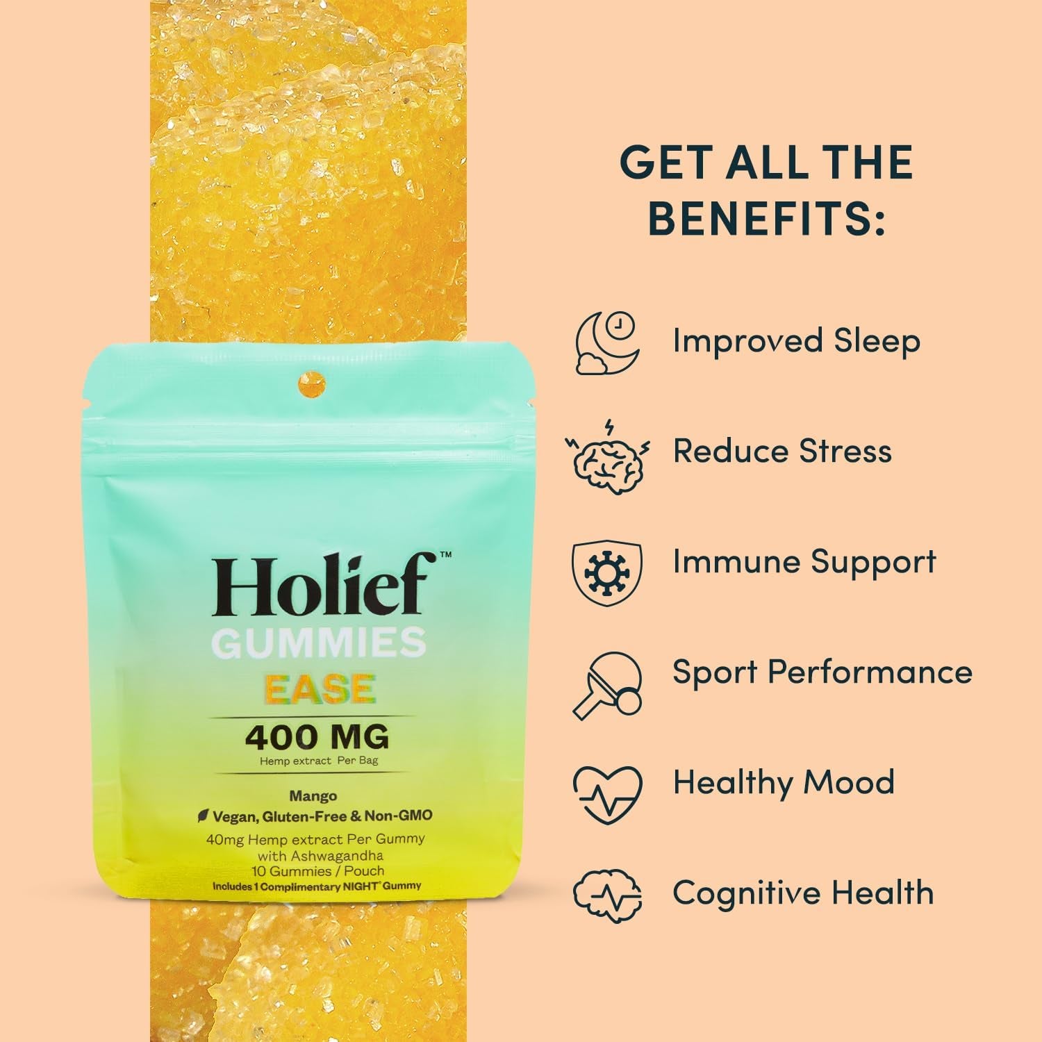 Holief 10 Count Ashwagandha Gummies | Light Strength Hemp Extract Formula for Immunity, Energy, Stress, and Focus Support Supplement | 1-Gummy Serving | Vegan, Non-Gmo, Gluten-Free