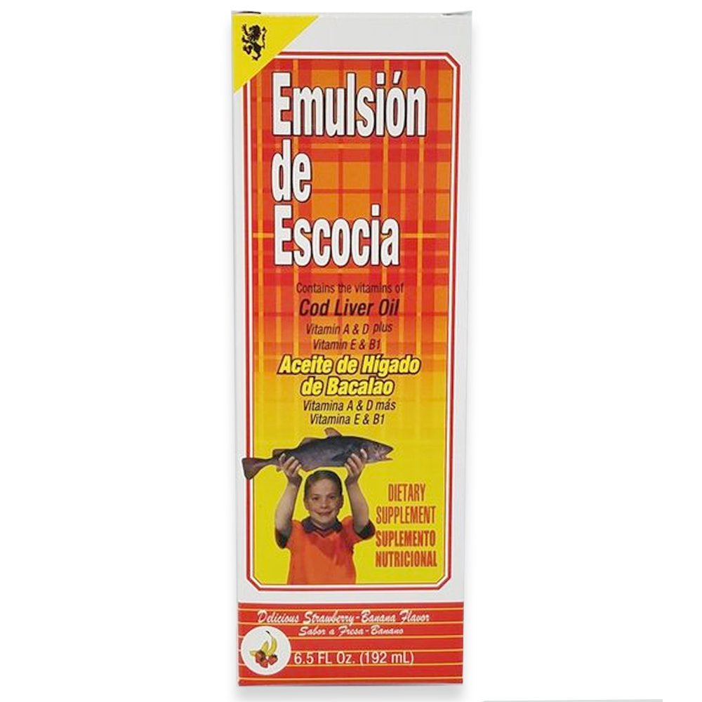 Emulsion De Escocia. Cod Liver Oil Dietary Supplement. Rich in Vitamins A, D, E and B1. Strawberry & Banana Flavour. 6.5 Fl.Oz. Pack of 3