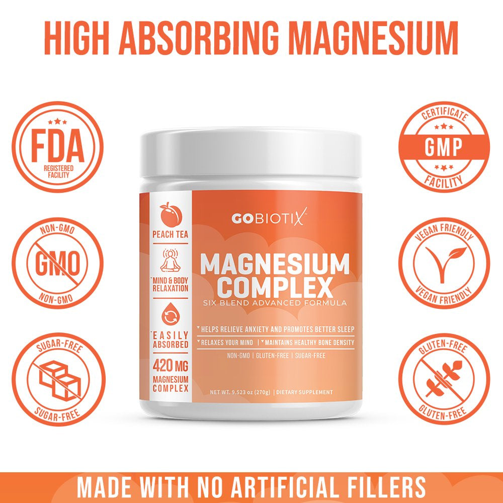 Gobiotix Magnesium Complex Powder - Supplement for Sleep, Stress Relief, Muscle Relaxation - Peach Tea