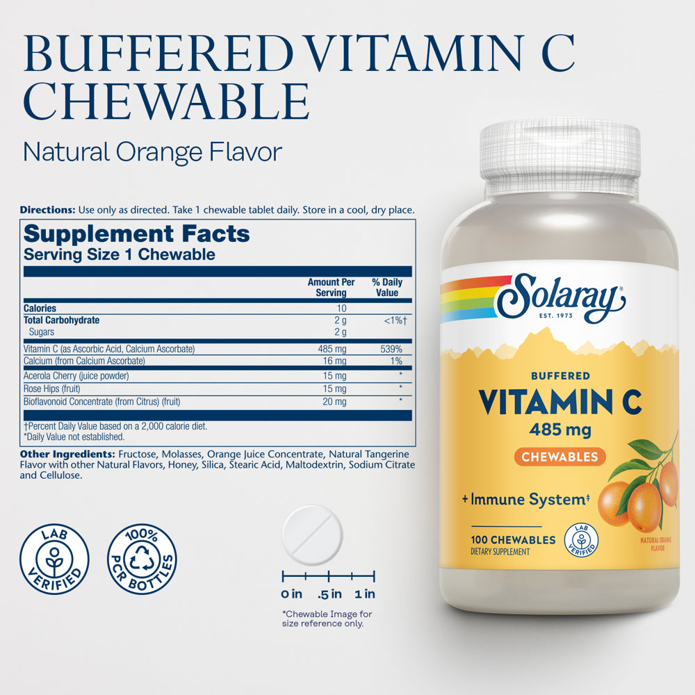 Solaray Chewable Vitamin C, Buffered, Natural Orange Flavor W/ Rose Hips & Acerola Cherry, 100 Chewables