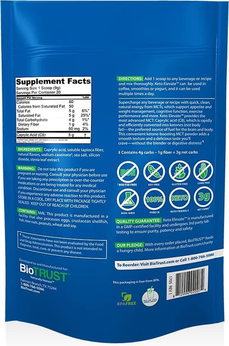 Biotrust Keto Elevate, Pure C8 MCT Oil Powder, Ketogenic Diet Supplement, Keto Coffee Creamer, Clean Energy, Mental Focus and Clarity, 100% Caprylic Acid (20 Servings, French Vanilla)