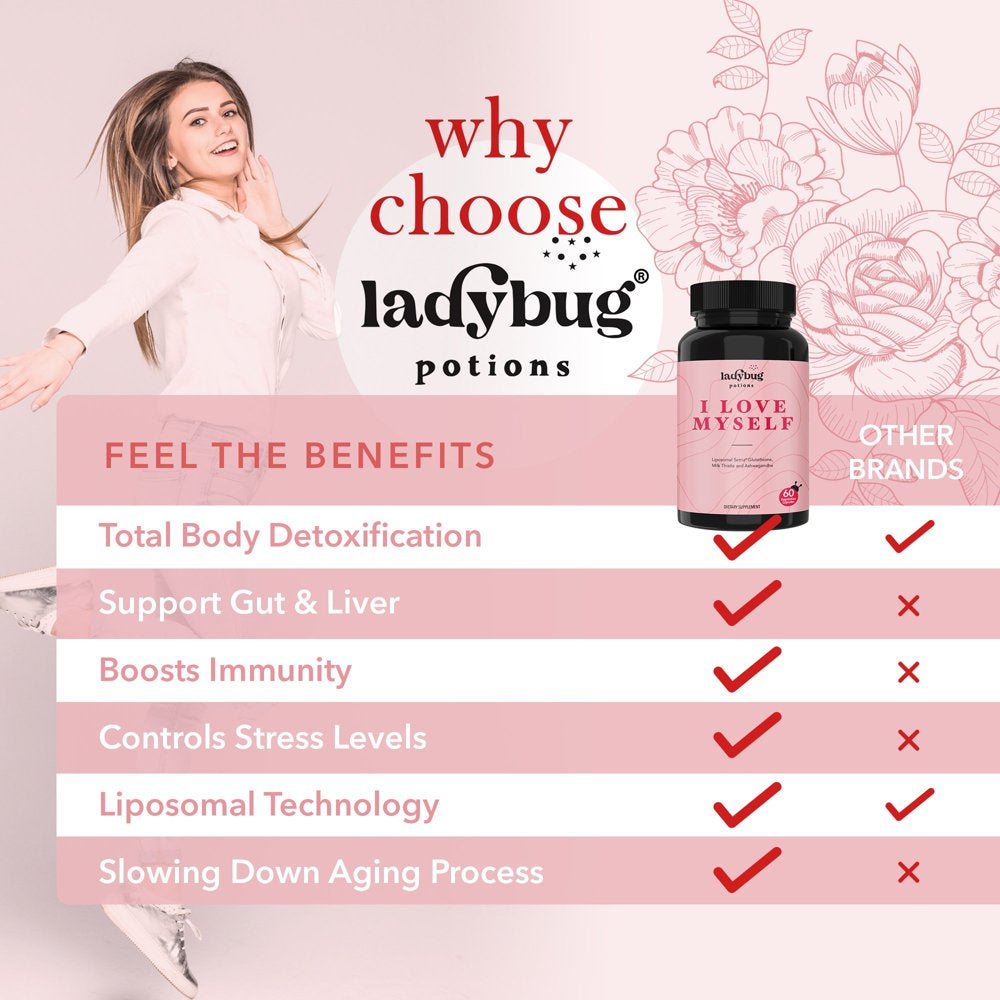 Ladybug Potions I Love Myself Liposomal Glutathione Supplement with Milk Thistle Extract and Ashwagandha Root, Liver Detox Blend Vegan Capsules, 60 Count