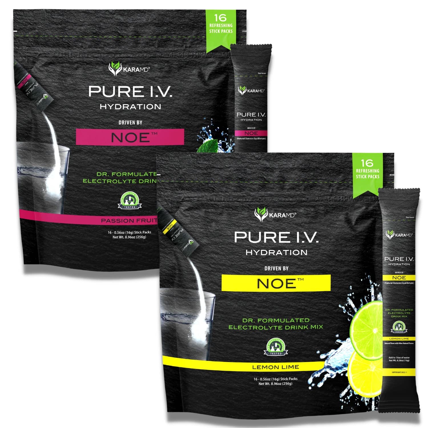 Karamd Pure I.V. - Doctor Formulated Electrolyte Powder Drink Mix 2 Flavor Bundle – Refreshing & Delicious Hydrating Packets with Vitamins & Minerals – 1 Passion Fruit & 1 Lemon Lime Bag (32 Sticks)