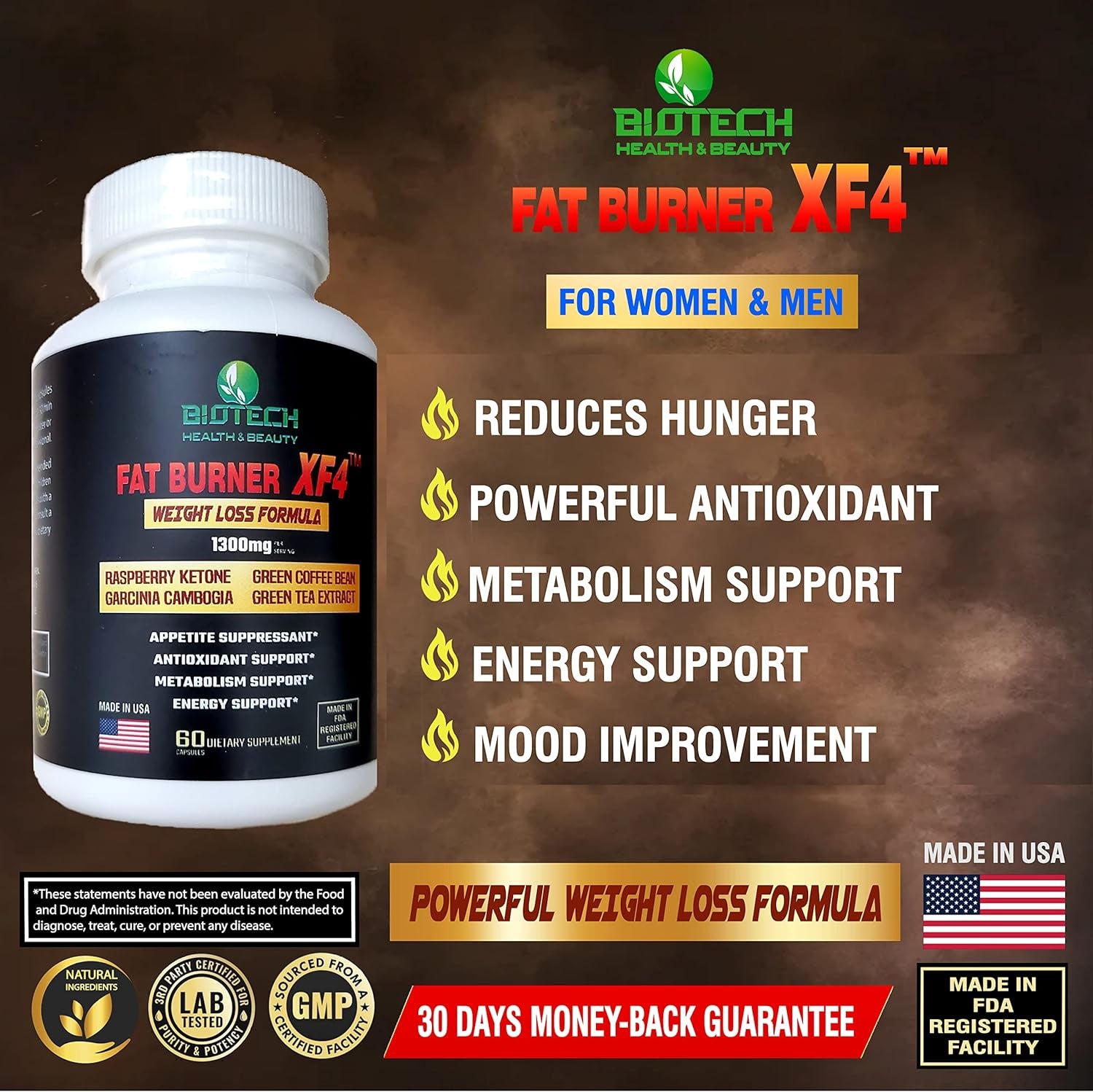 5 in 1 Premium Weight Loss Supplement, Appetite Suppressant, Energy Booster, and Improve Digestion for Women Men, Fat Burner XF4 (60 Capsules)