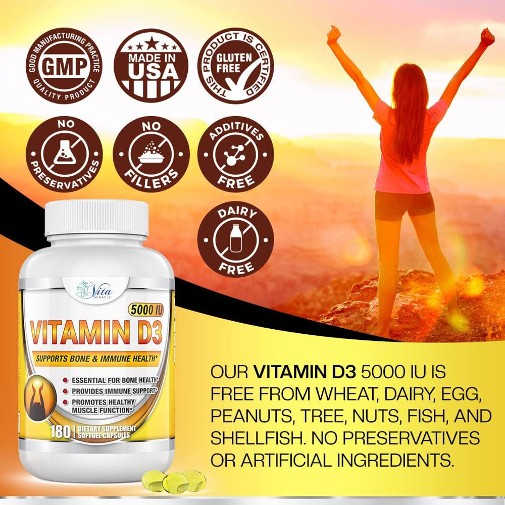 Vitamin D3 5000 IU Softgels High Potency Vitamin D Supplements for Women Men in Organic Flaxseed Oil May Support Healthy Bones Heart Muscle Function Immune Support Pure Vitamin D 3 Pills (180 Count)