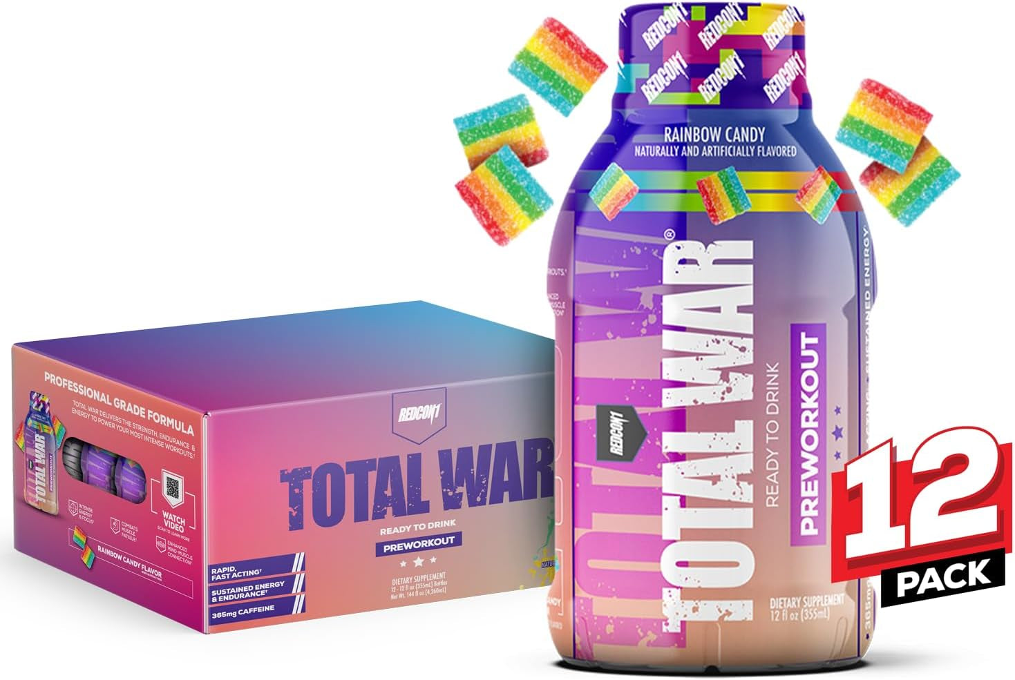 REDCON1 Total War Ready to Drink Pre Workout - Endurance Boosting, Keto Friendly RTD Formula - Amino Acid + Citrulline Malate Pre Workout Drink for Men & Women (Rainbow Candy, 12 Servings)