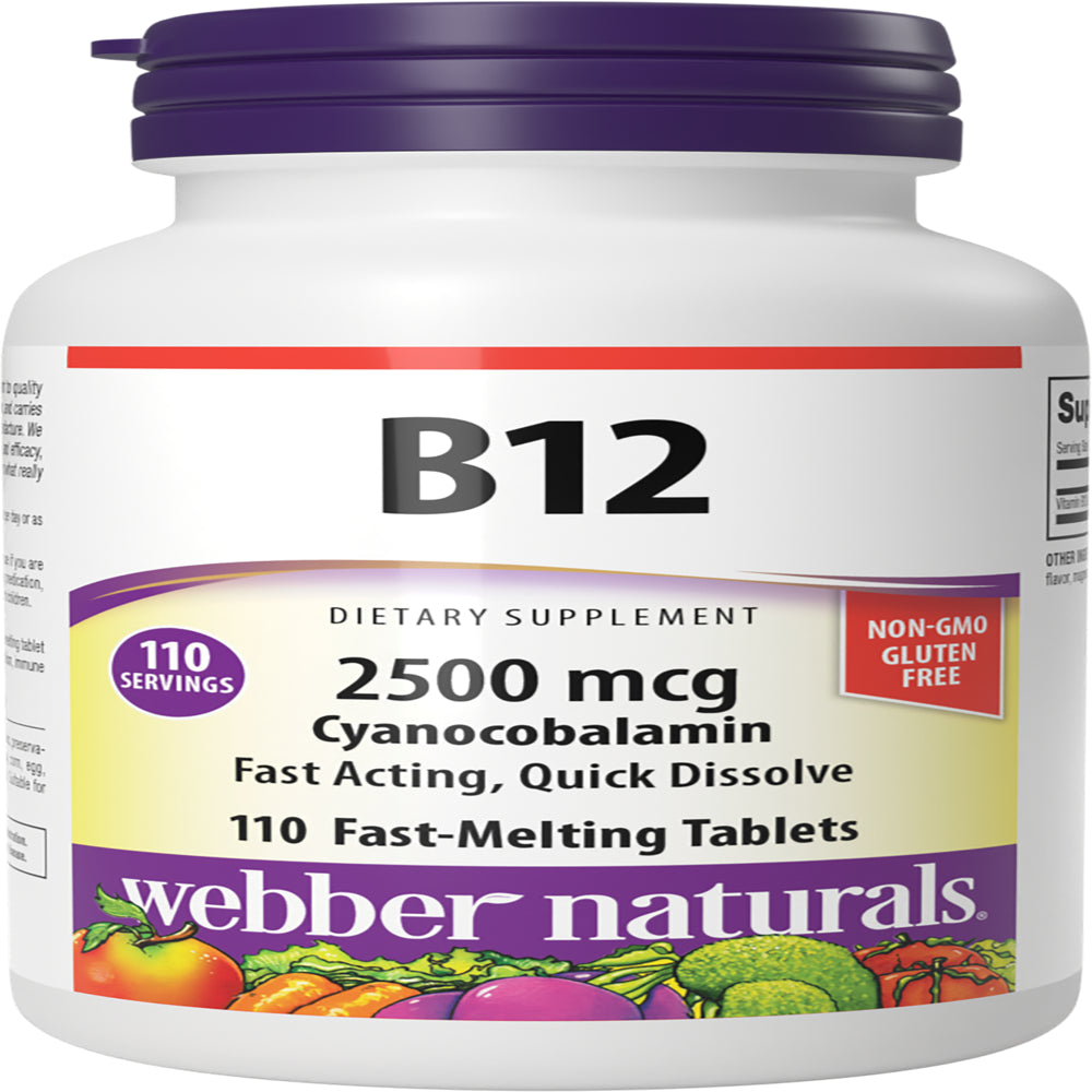 Webber Naturals Vitamin B12 2,500 Mcg, 110 Fast Acting Quick Dissolve Tablets, Supports Energy Production and Metabolism, Gluten Free, Non-Gmo, Vegan