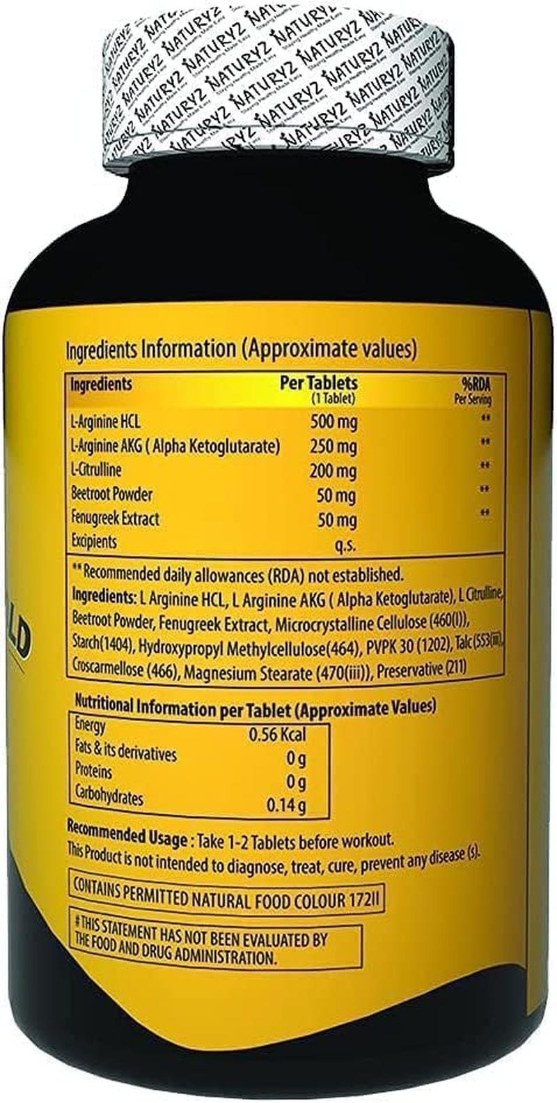 CROW Naturyz Arginine Gold Pre-Workout Tablets with 1500Mg L- Arginine, 400Mg Citrulline, Beetroot Powder & Fenugreek Extract per Serving - 60 Tablets