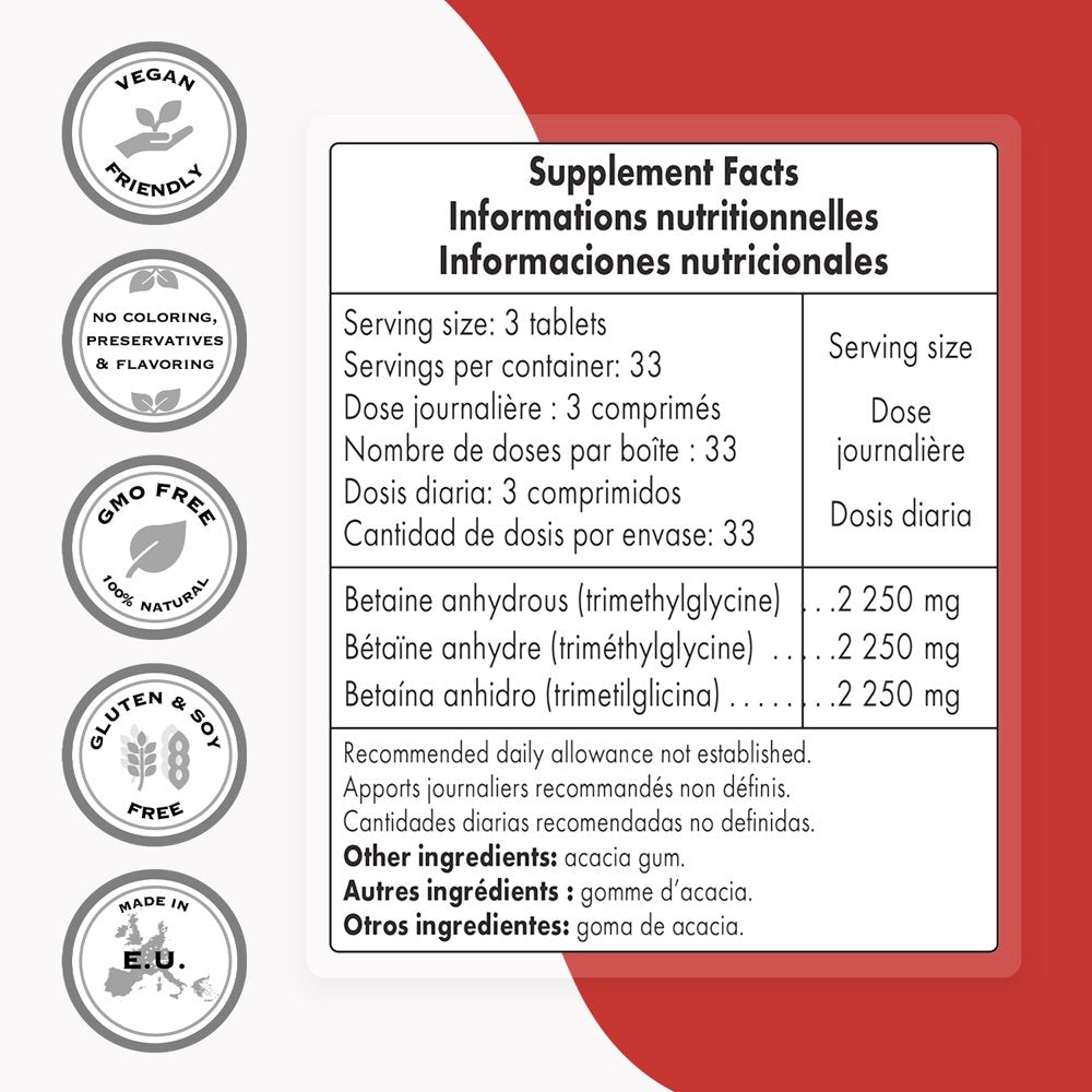 Supersmart - TMG Supplement 2250 Mg per Day (Trimethylglycine) - Betaine Anhydrous - Liver Support - Cardiovascular Health | Non-Gmo & Gluten Free - 100 Tablets