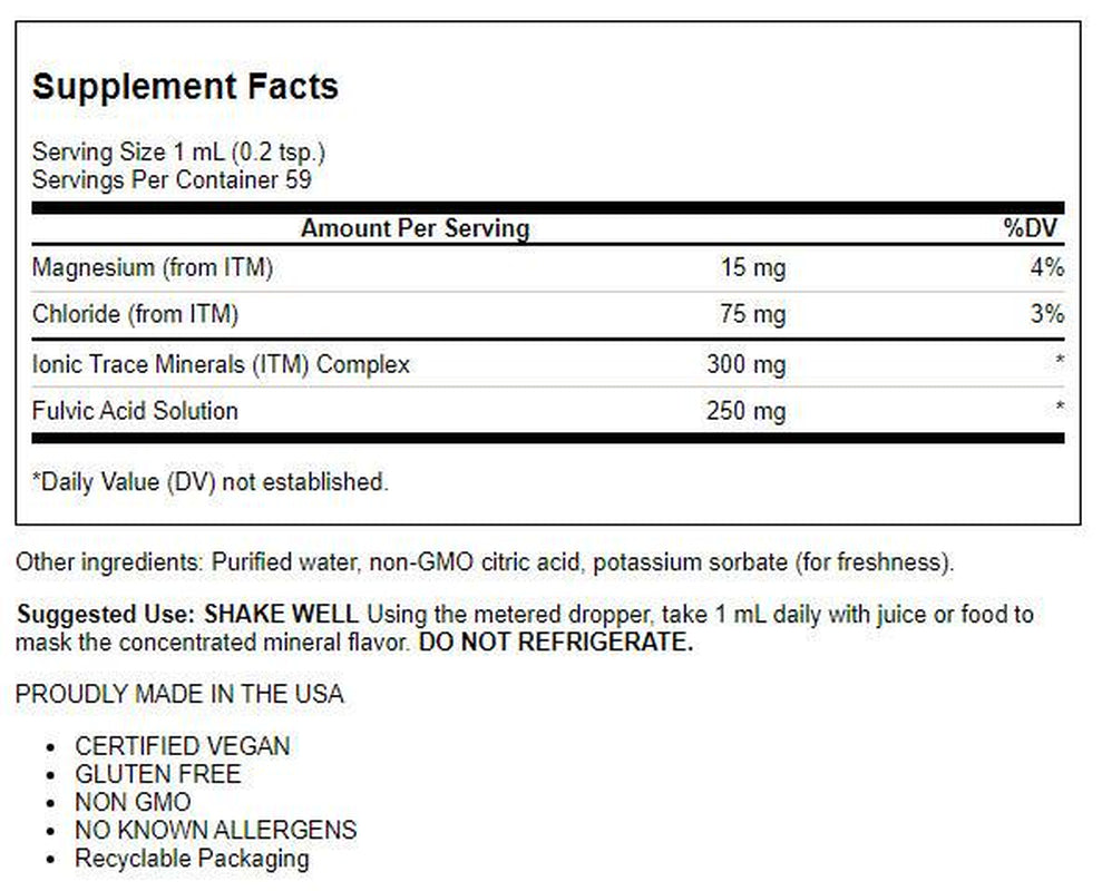 Trace Minerals | Liquid Ionic Fulvic Acid | 250 Mg | May Support Gut, Digestion, Skin, & Brain Function | Full Spectrum Ionic Trace Minerals | Ph Balance, Muscle Endurance, Hydration | 60 Servings, 2