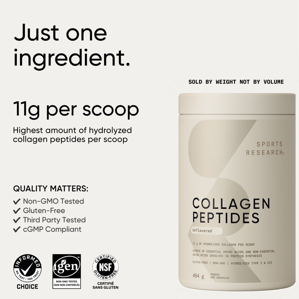 Sports Research Collagen Peptides, Unflavored, 16 Oz (454 G)