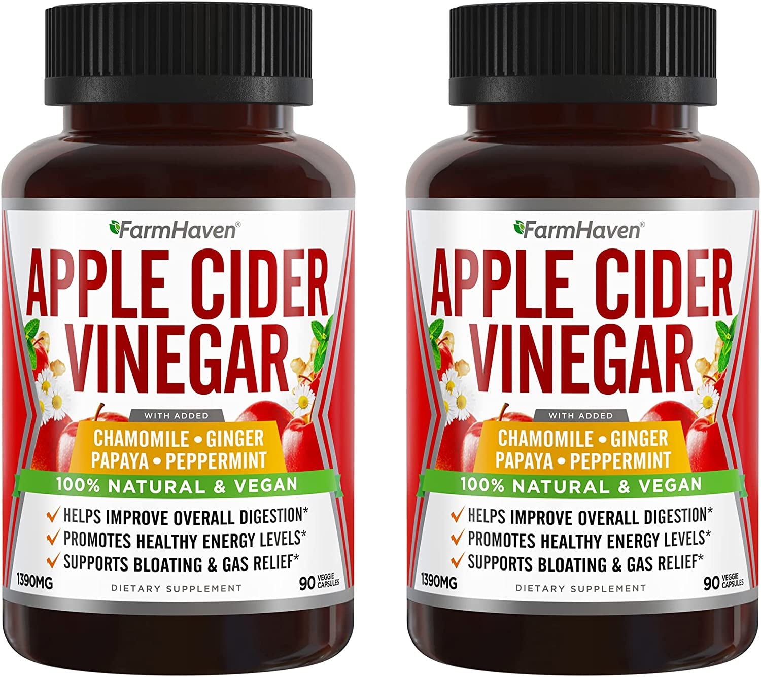 Apple Cider Vinegar Capsules with Ginger, Papaya & Chamomile | 1390Mg | Supports Digestion, Immunity | like with Mother | Non-Gmo & 100% Natural | 180 Capsules