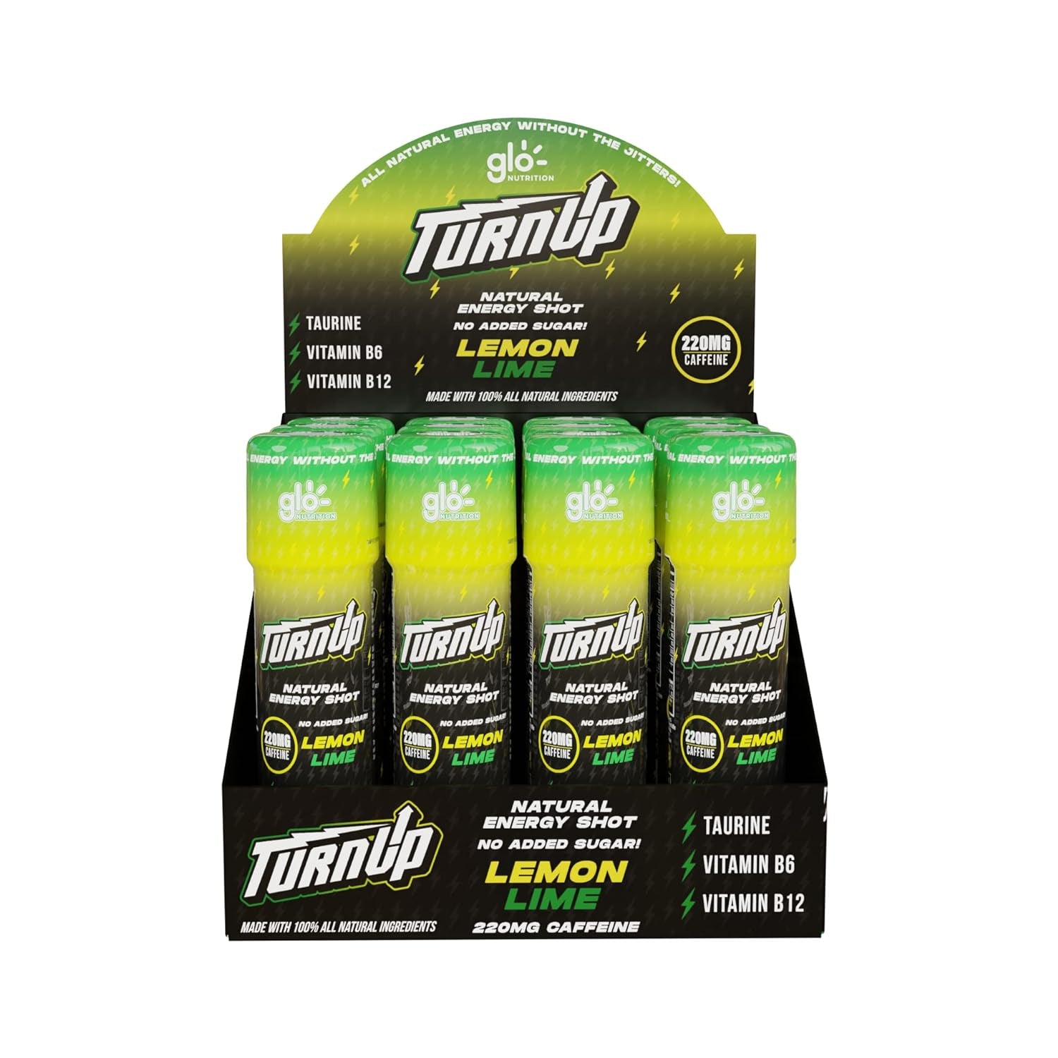 Turn up - Natural Energy Drink Shots | All Natural Energy without Jitters! | No Added Sugar - Real Fruit Juice | 220Mg Caffeine, B6, B12, Taurine | up to 7+ Hours | Lemon Lime - 2 Fl Oz - Pack of 12