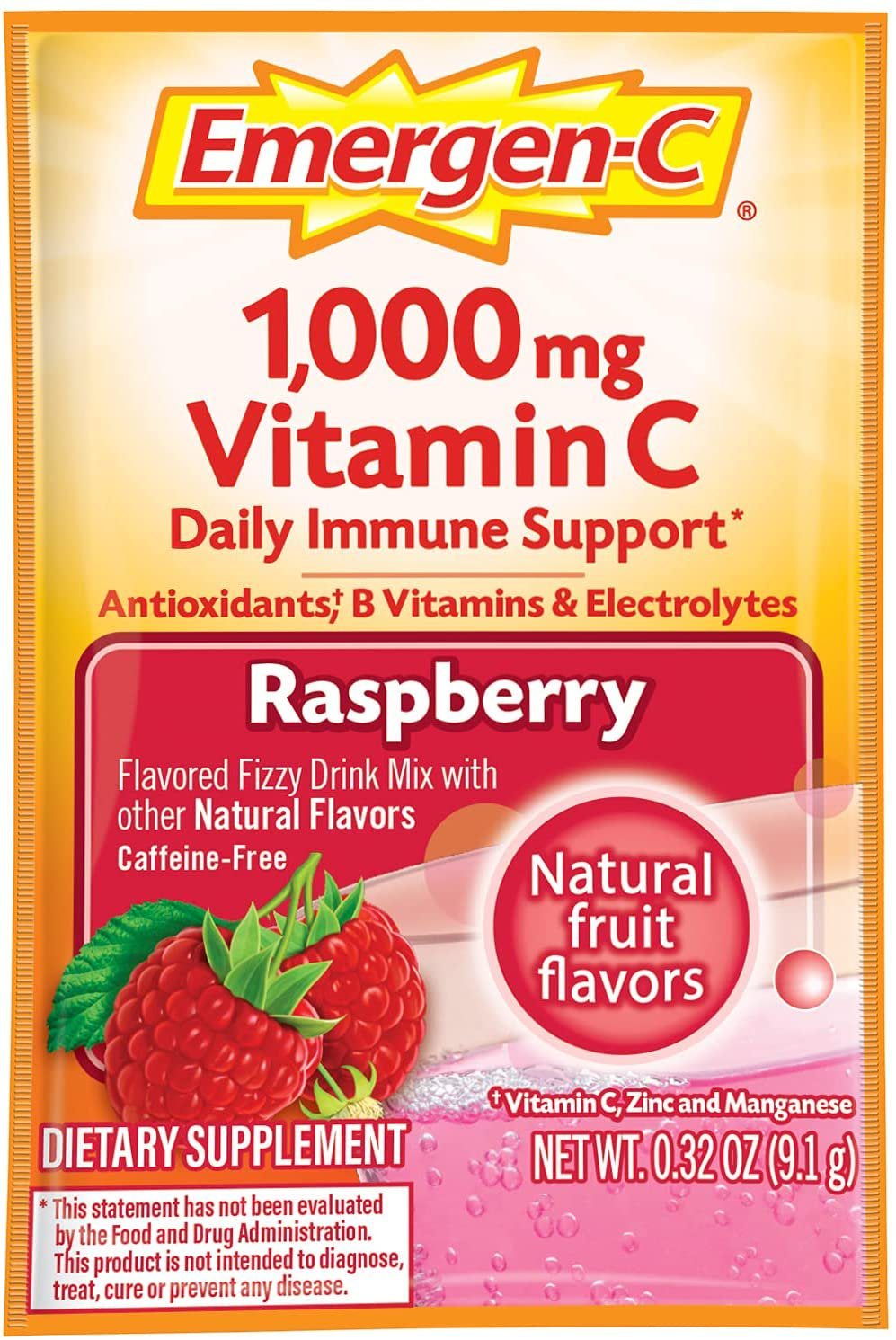 1000Mg Vitamin C Powder, with Antioxidants, B Vitamins and Electrolytes, Immunity Supplements for Immune Support, Caffeine Free Fizzy Drink Mix, Raspberry Flavor - 30 Count/1 Month Supply