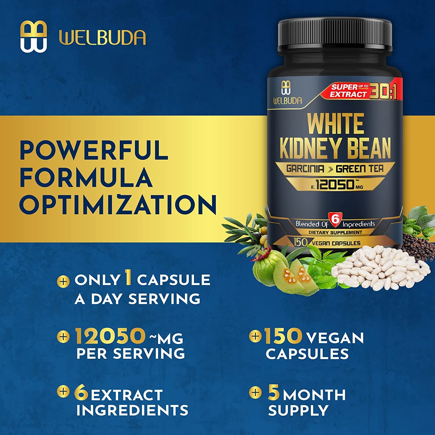 WELBUDA White Kidney Bean Extract Capsules - Combined Garcinia, Green Tea, Olive Leaf, Green Coffee & More - 150 Counts - Herbal Supplement for 5 Months